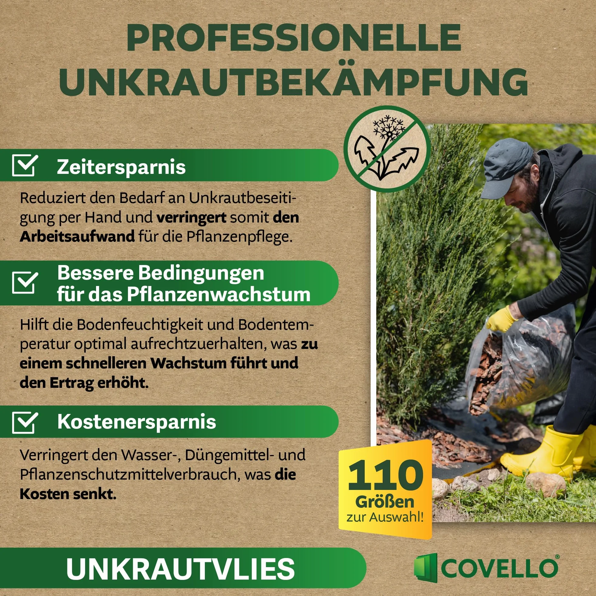 Covello Toile de Paillage Premium Line 15m x 0,8m Anti Mauvaises Herbes Résiste UV 50g/m² Perméable à l'eau Noir