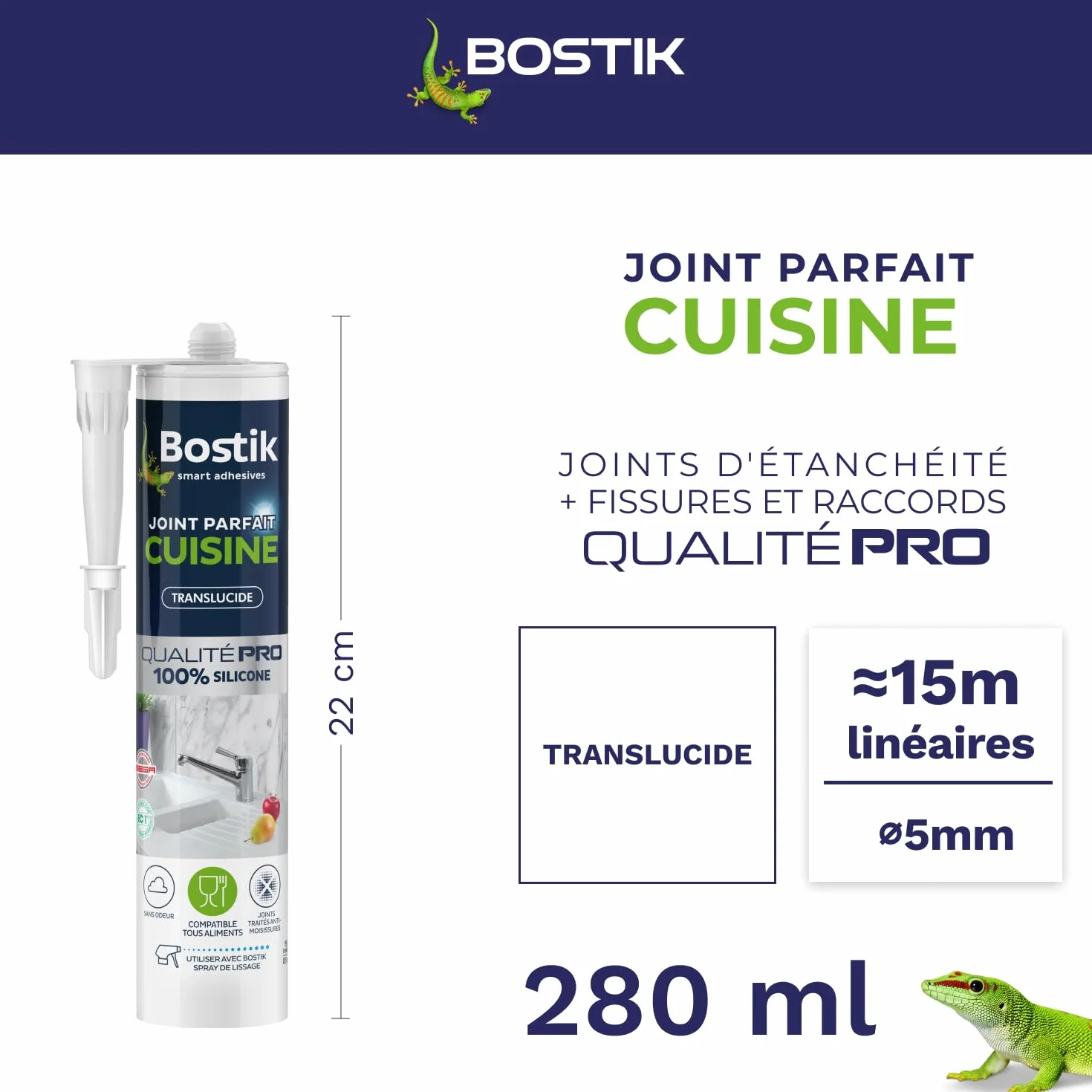 Bostik Mastic d’Étanchéité Joint Parfait Cuisine – Jointe Tous Matériaux – Sans Odeur – Traité Anti-Moisissures – Certifié Contact Alimentaire - Formule 100% Silicone – Couleur : Transparent – 280 ml