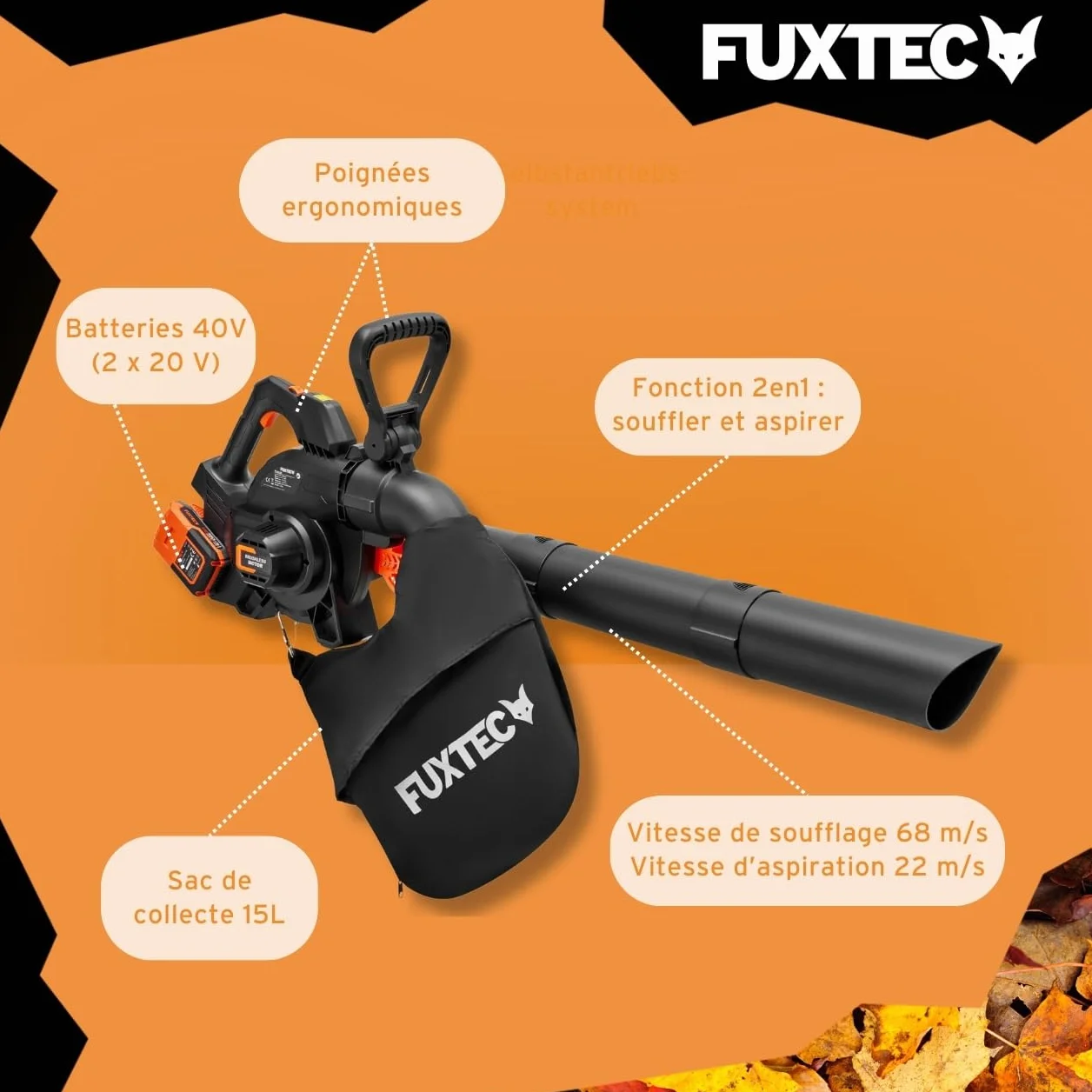 FUXTEC Souffleur aspirateur Batterie 40 V 2en1 FX-E2LBSSET avec 2 Batteries et Double Chargeur Sac de Collecte 685m³/h