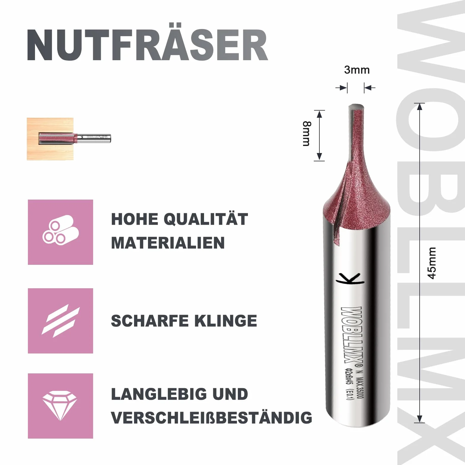 Fraise à rainurer à tige de 8 mm, Ø 3 mm, longueur de travail 8 mm, fraise à rainurer professionnelle en carbure de tungstène standard pour bois, plaque de densité, accessoires, fraise à main