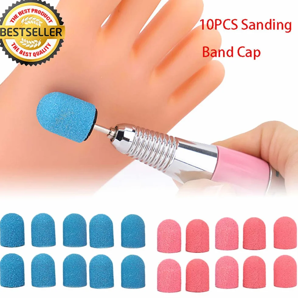 16 mm x 25 mm Bandes de ponçage Capuchons Tambour Mandrels Électrique Polisseuse Sable Manucure Pédicure Outil (1 Mandrel+10 Capuchons de ponçage – Rose)