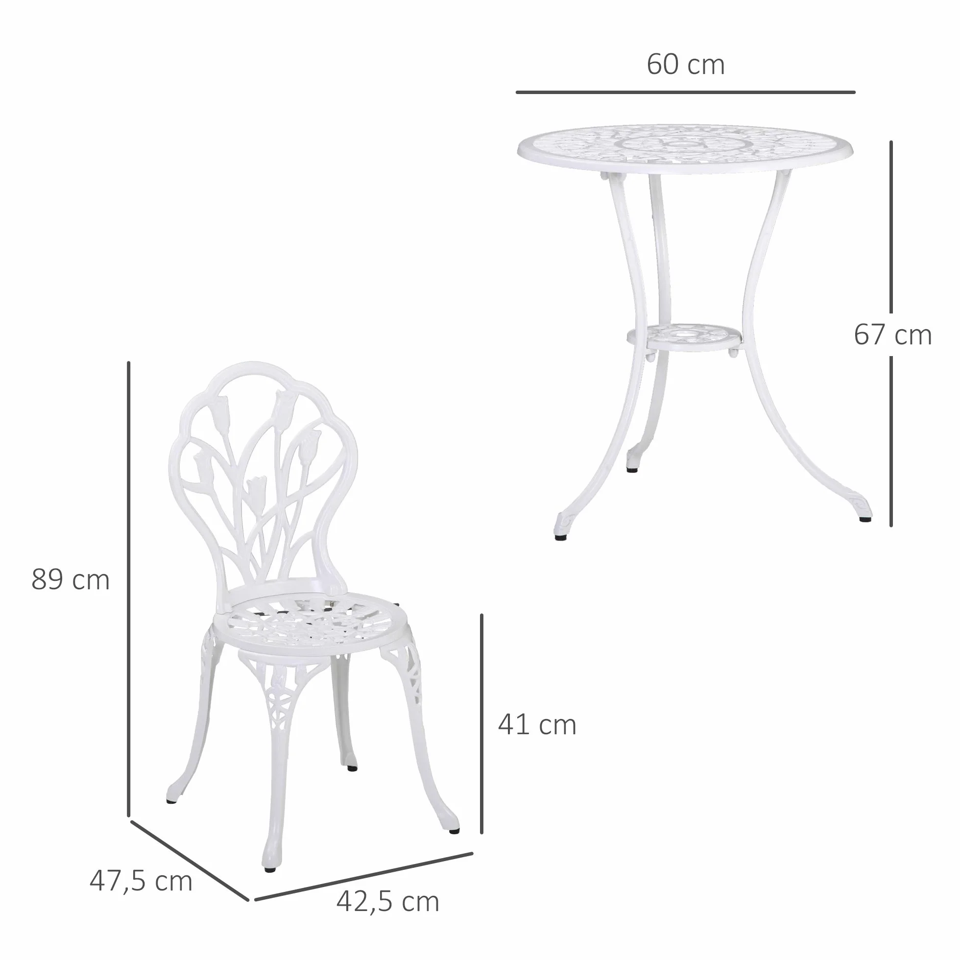 Outsunny Salon de Jardin 2 Places Table Ronde Fonte Aluminium Imitation Fer Forgé Blanc
