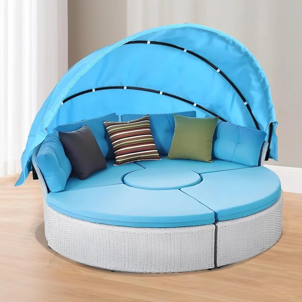 Housse de rechange pour lit de jour d'extérieur en osier, compatible avec lit de jour rond de terrasse, résistant à l'eau et au soleil - Blanc
