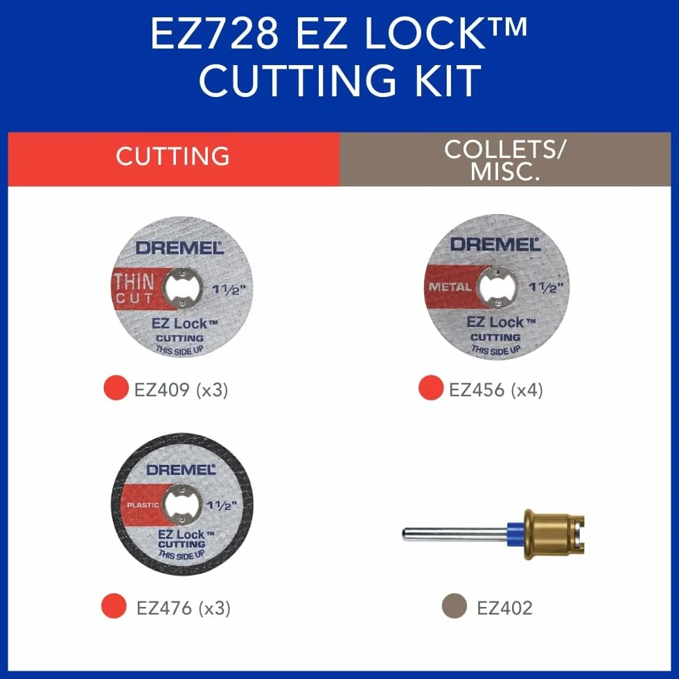 Dremel EZ728-01 EZ Lock Kit d'accessoires 11 pièces pour outils rotatifs avec disques à tronçonner pour plastique, métal et coupes fines