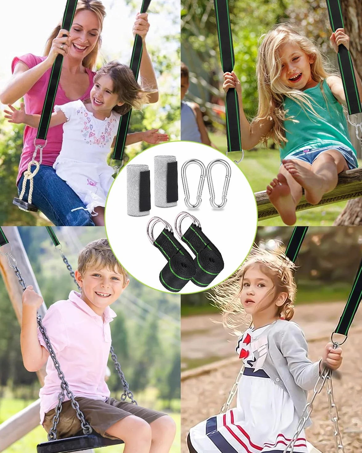 Sangle de Suspension 2 x 200 cm avec D-Ring, Protection d'Arbre pour Balançoire et Hamac Vert