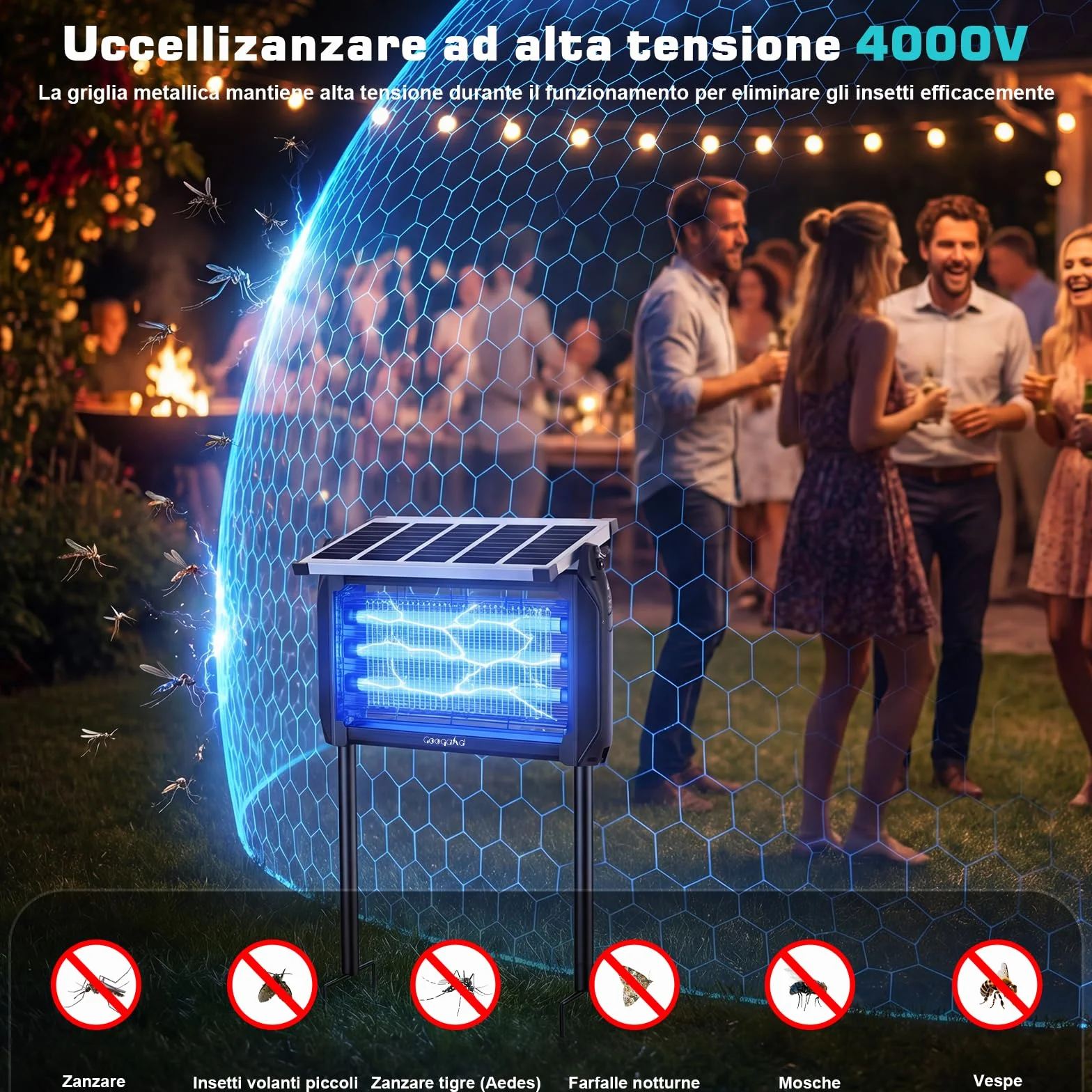 Désinsectiseur Électrique Solaire 10W Extérieur Lampe Anti-Moustiques 4000V UV IPX5 Tue-Moustiques