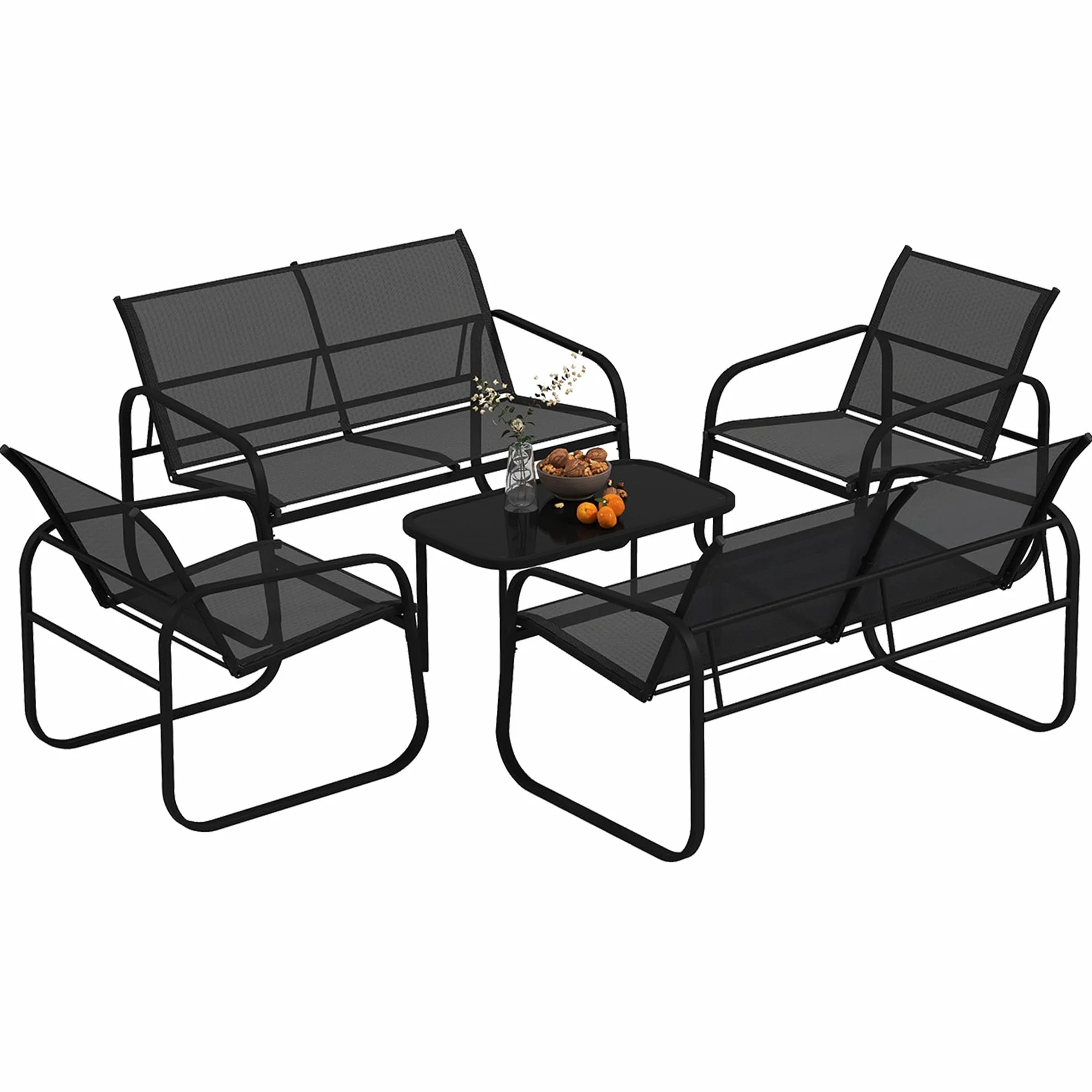 Outsunny Salon de Jardin 5 pièces Acier textilène 2 fauteuils canapés Table Basse Verre trempé Gris