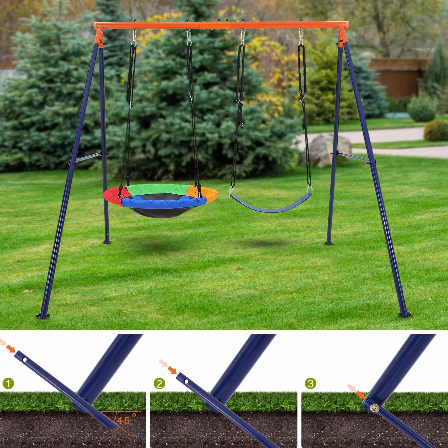 Portique Balançoire Extérieur Kit 2 Sièges Réglables Cadre Métal 250 kg Adulte Enfant