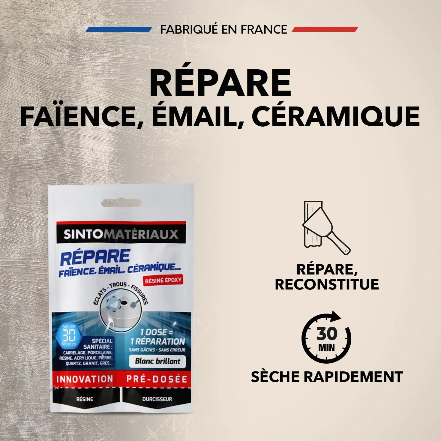 SINTO Répare faïence émail et céramique blanc 15g, répare éclats trous et fissures des sanitaires, éviers douches vasques baignoires et WC, 1 dose = 1 réparation, intérieur et extérieur