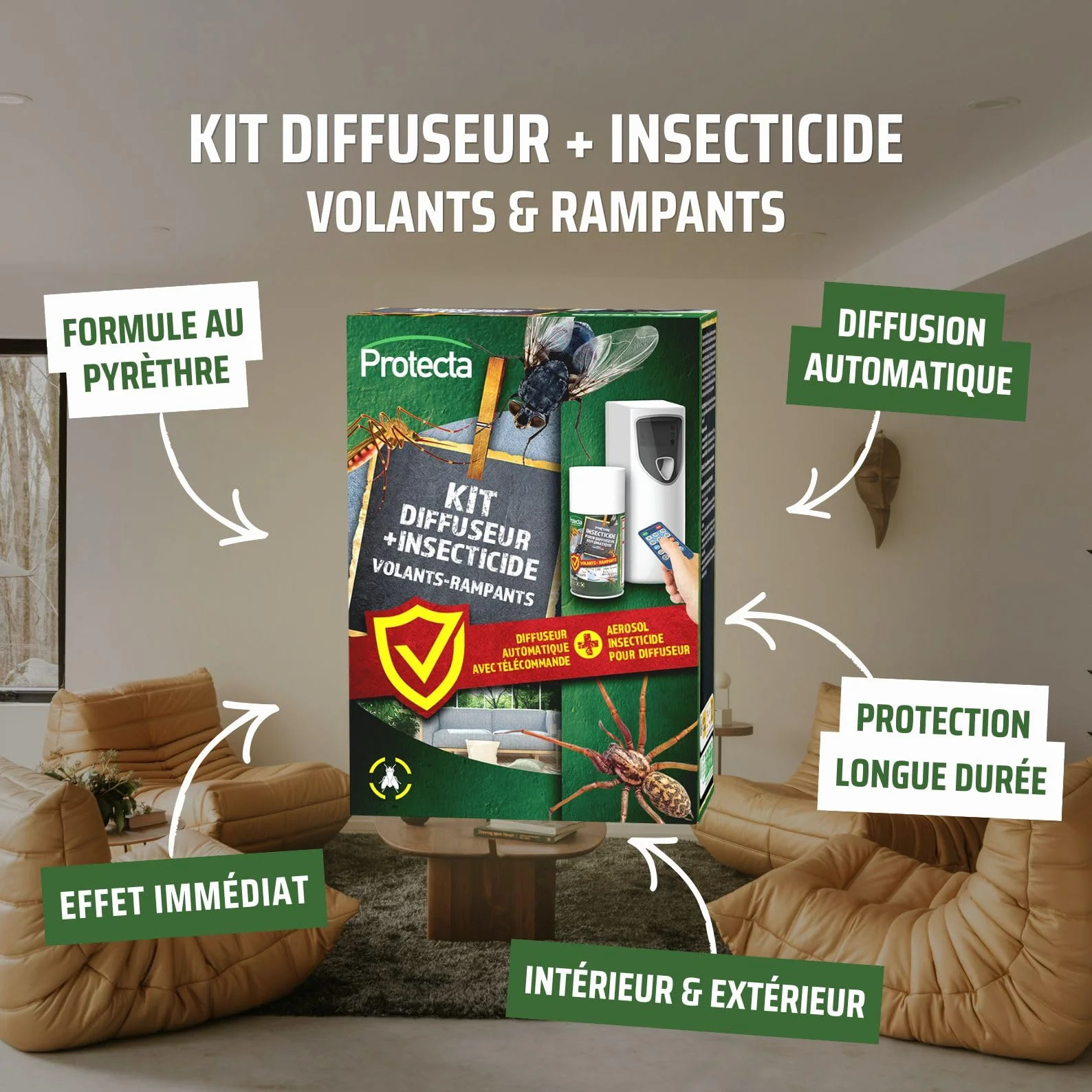 Protecta Kit Diffuseur Insecticide Automatique Programmable Aérosol Pyrèthre 250 ml Anti-Mouches Moustiques Insectes Volants Protection 24h/24