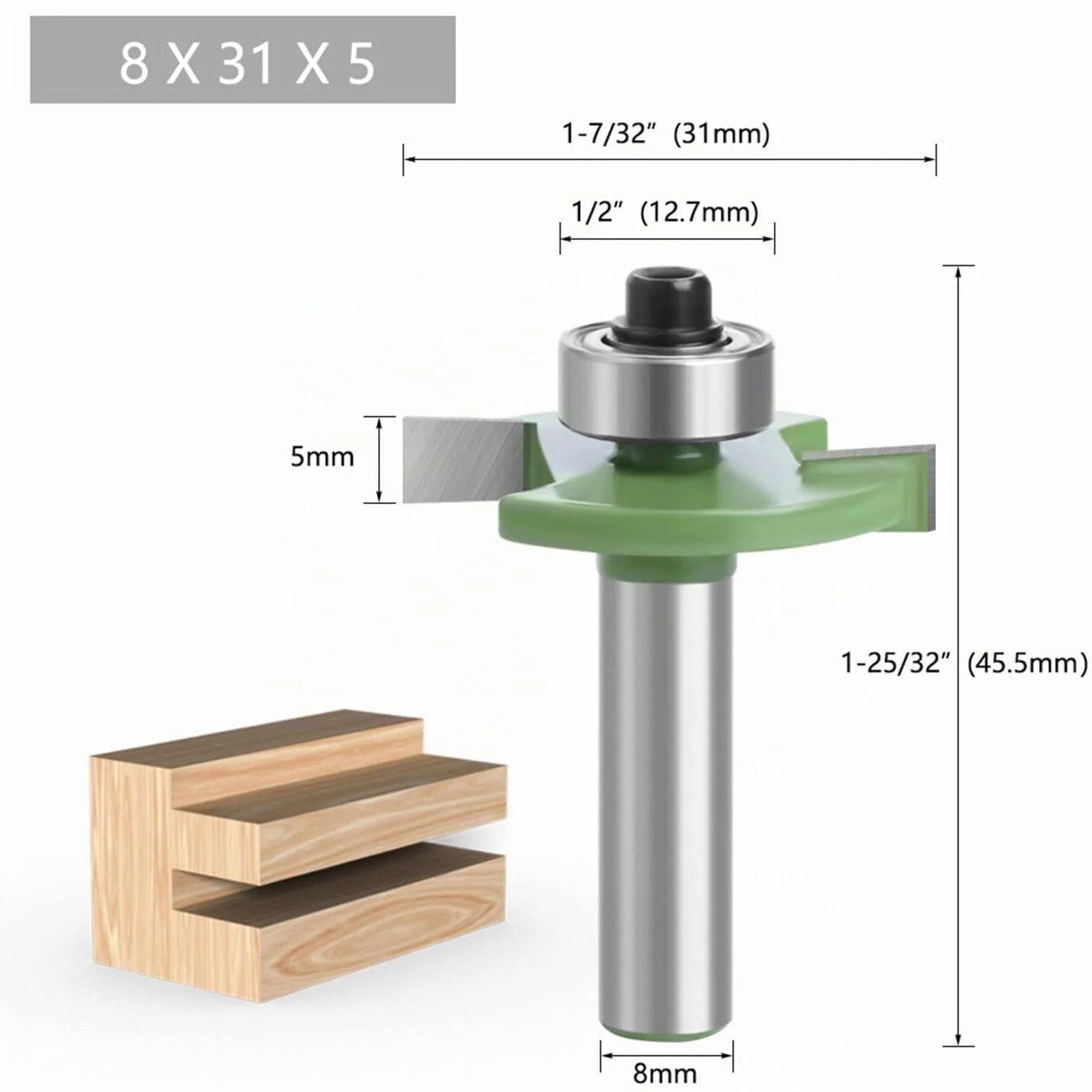 Lot de 4 fraises pour défonceuse à disque pour défonceuse - Tige de 8 mm - 2 mm, 3 mm, 4 mm, 5 mm - Avec roulements à billes - Outils pour le travail du bois, fraise à affleurer pour la coupe du bois
