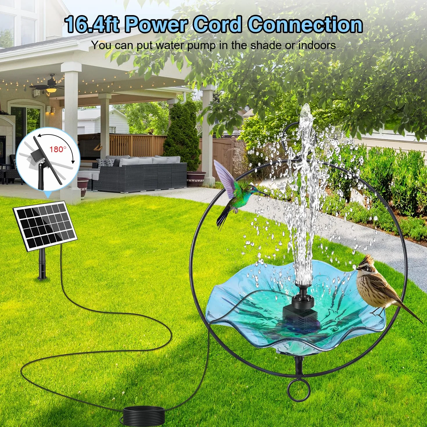 Fontaine Solaire Extérieur 3.5W Pompe Bassin Solaire avec Lumière LED, Batterie 2000mAh, 8 Buses pour Bain d'oiseaux, Jardin
