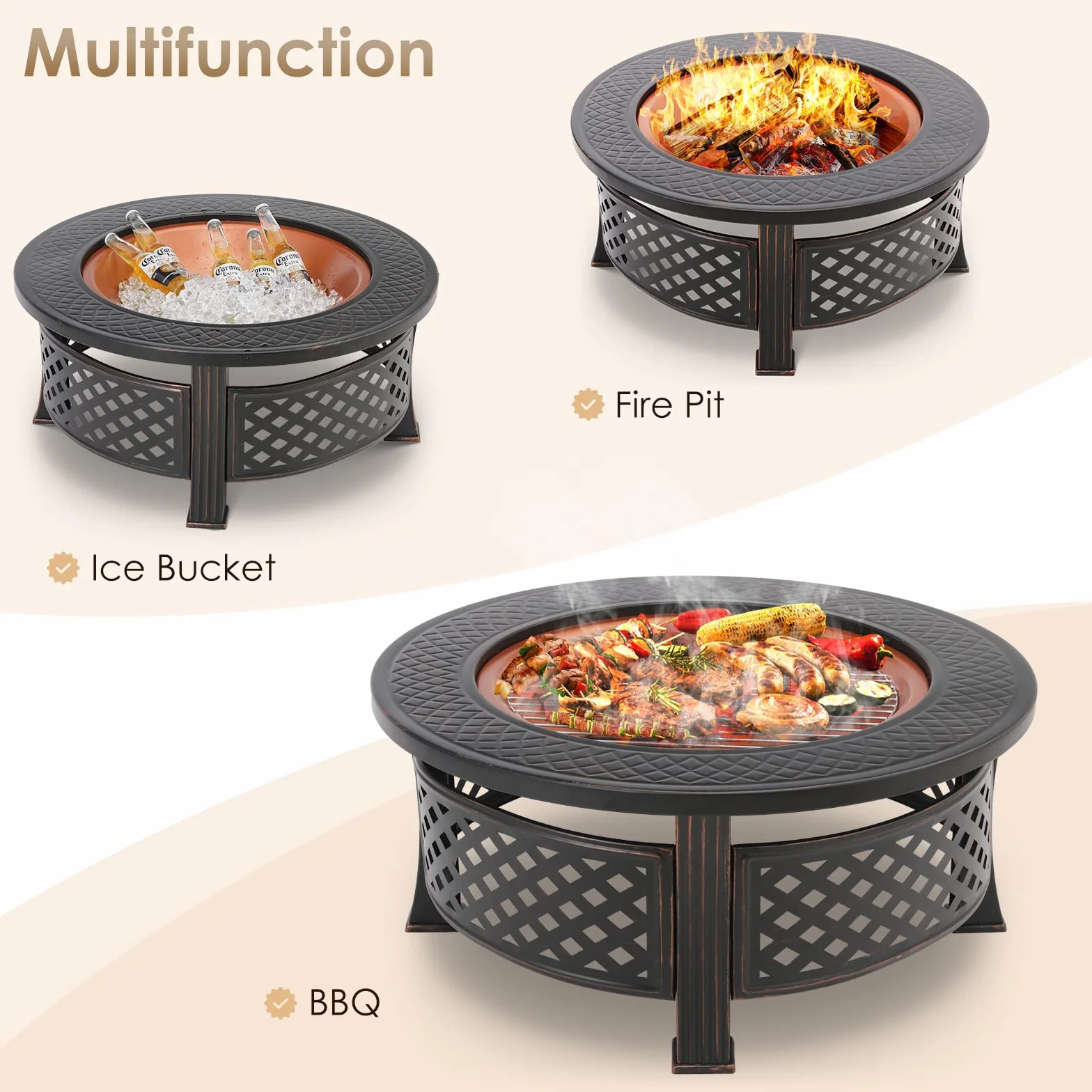 TLSUNNY Braséro Barbecue Extérieur 3 en 1 80x80x50 cm avec Housse Protection Grillage BBQ Galvanisé