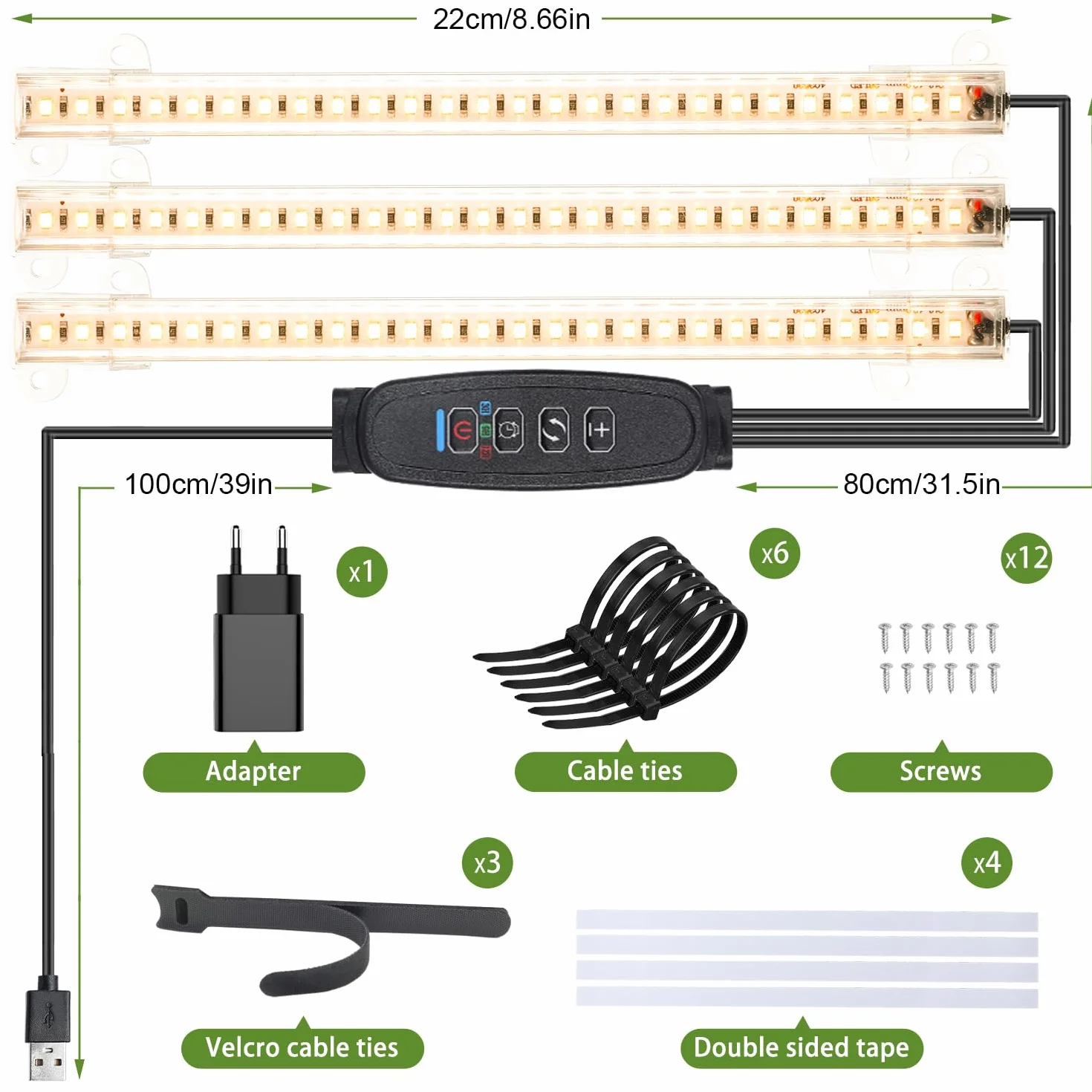 Bande LED croissance plantes spectre complet 3500 K 3 têtes 22 cm minuterie 3/9/12 h 10 niveaux variation