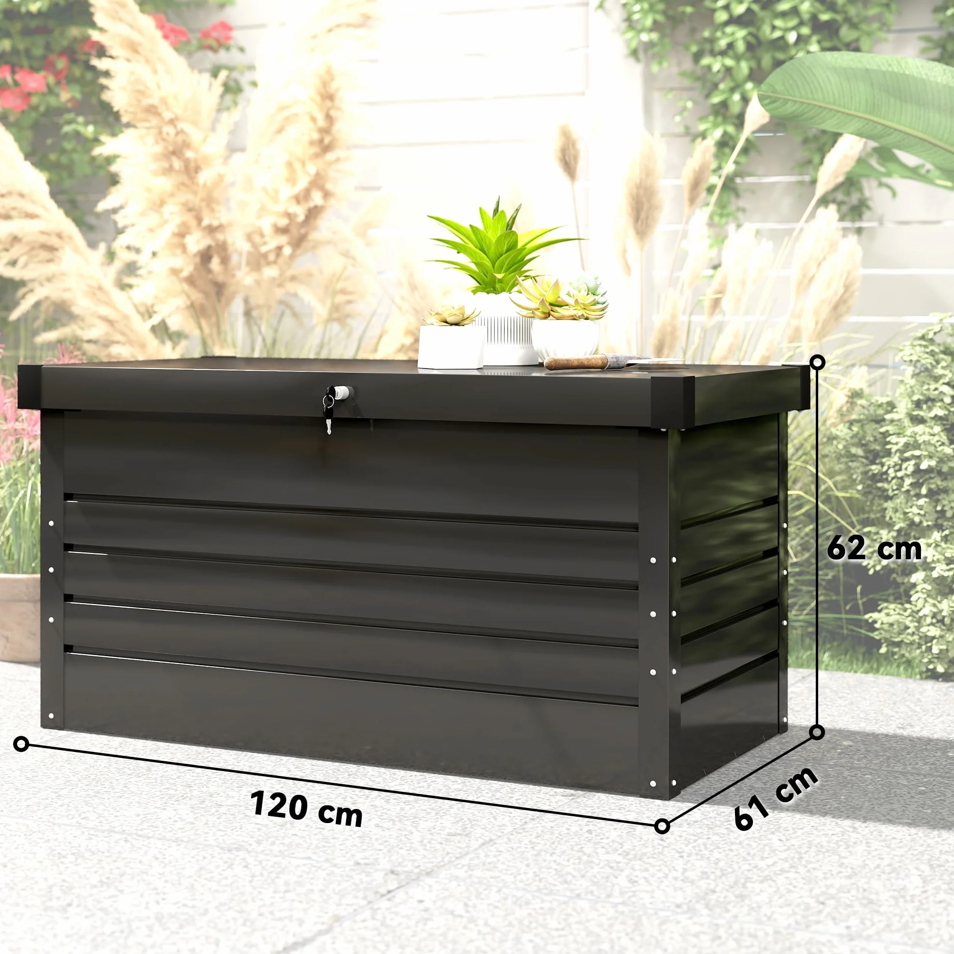 Outsunny Coffre de rangement métal 350L acier galvanisé étanche double vérins gaz verrouillable gris anthracite