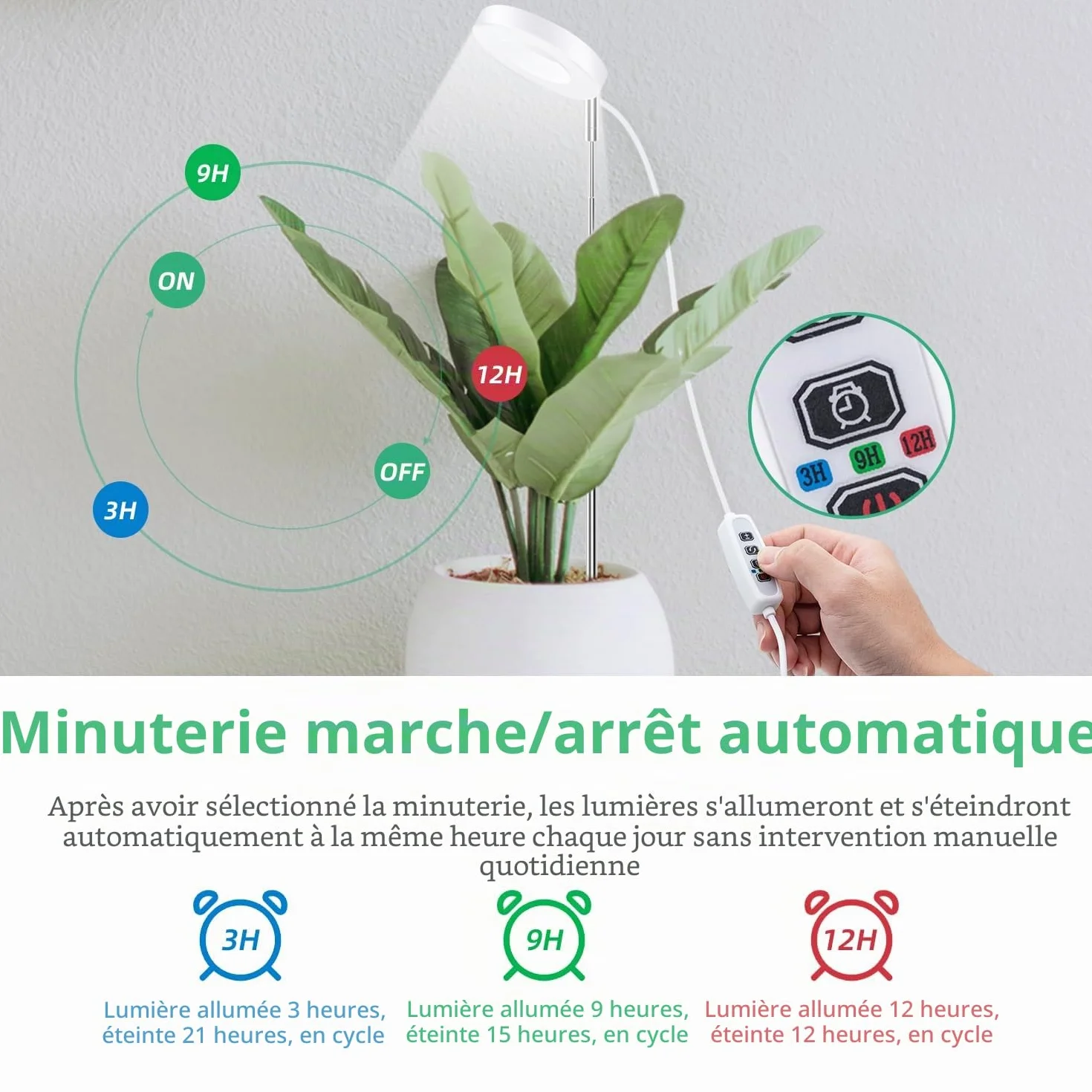 Mcbazel Lampe Plante LED Croissance 24 LED Spectre Complet Hauteur Réglable 61,5 cm Minuterie 4H/8H/12H 10 Niveaux Luminosité