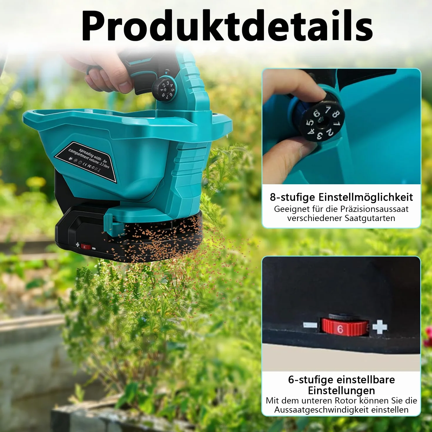 Makita 18 V Épandeur d'Engrais Portable 3,3 L 6 Réglages Vitesse 8 Réglages Angle 800 m²