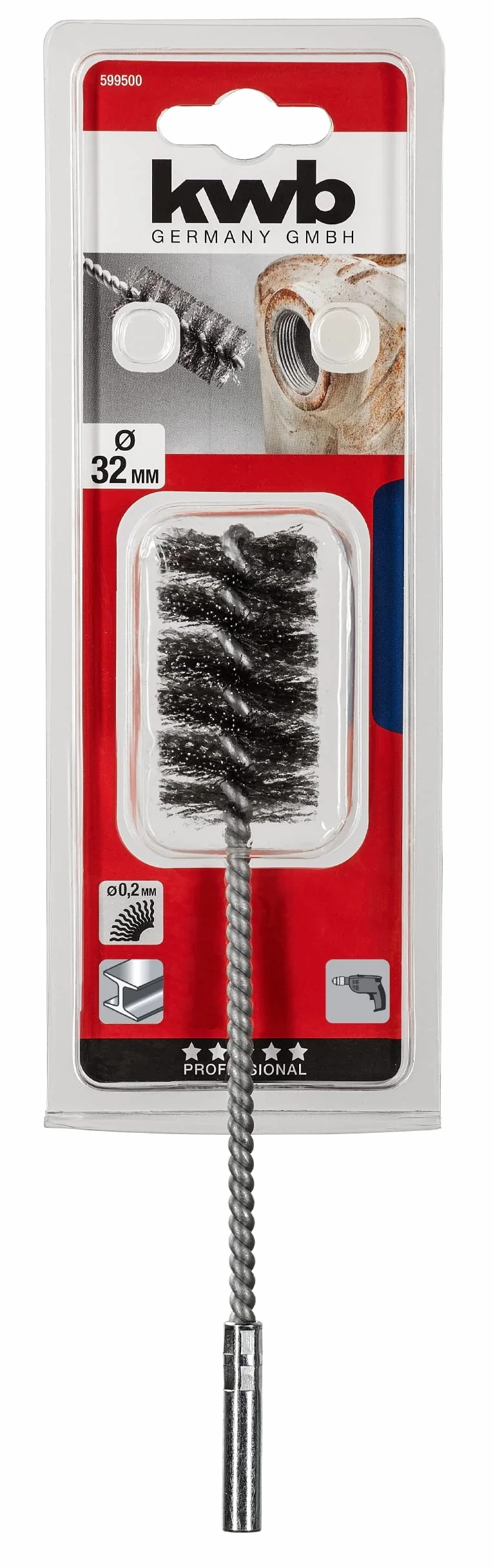 kwb brosse métallique ronde/cylindrique fine, ondulée, en fil d'acier, Ø 32 mm pour le métal et la pierre, brosse métallique pour perceuse, brosse à tuyaux pour chaudière/chauffage