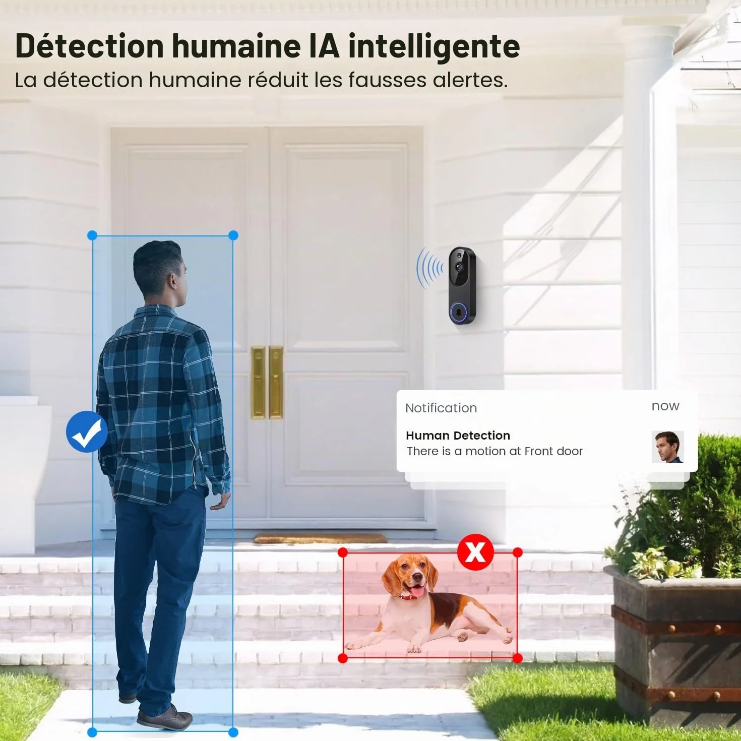 Caméra Sonnette Vidéo WiFi 1080P Sans Fil, Détection Humaine IA, Conversation Bidirectionnelle, Wi-Fi 2,4G, Alimentée par Batterie, Stockage Cloud, Surveillance Intérieure Extérieure (Avec