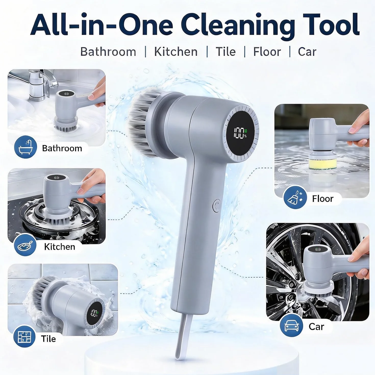 JTF Brosse Nettoyage Electrique 5 en 1,Brosse Rotative Nettoyage avec Écran LED,5 Brosses,2 Vitesses Réglables,pour Salle de Bain,Cuisine,Vaisselle,Carrelage,Fenêtre (Gris)