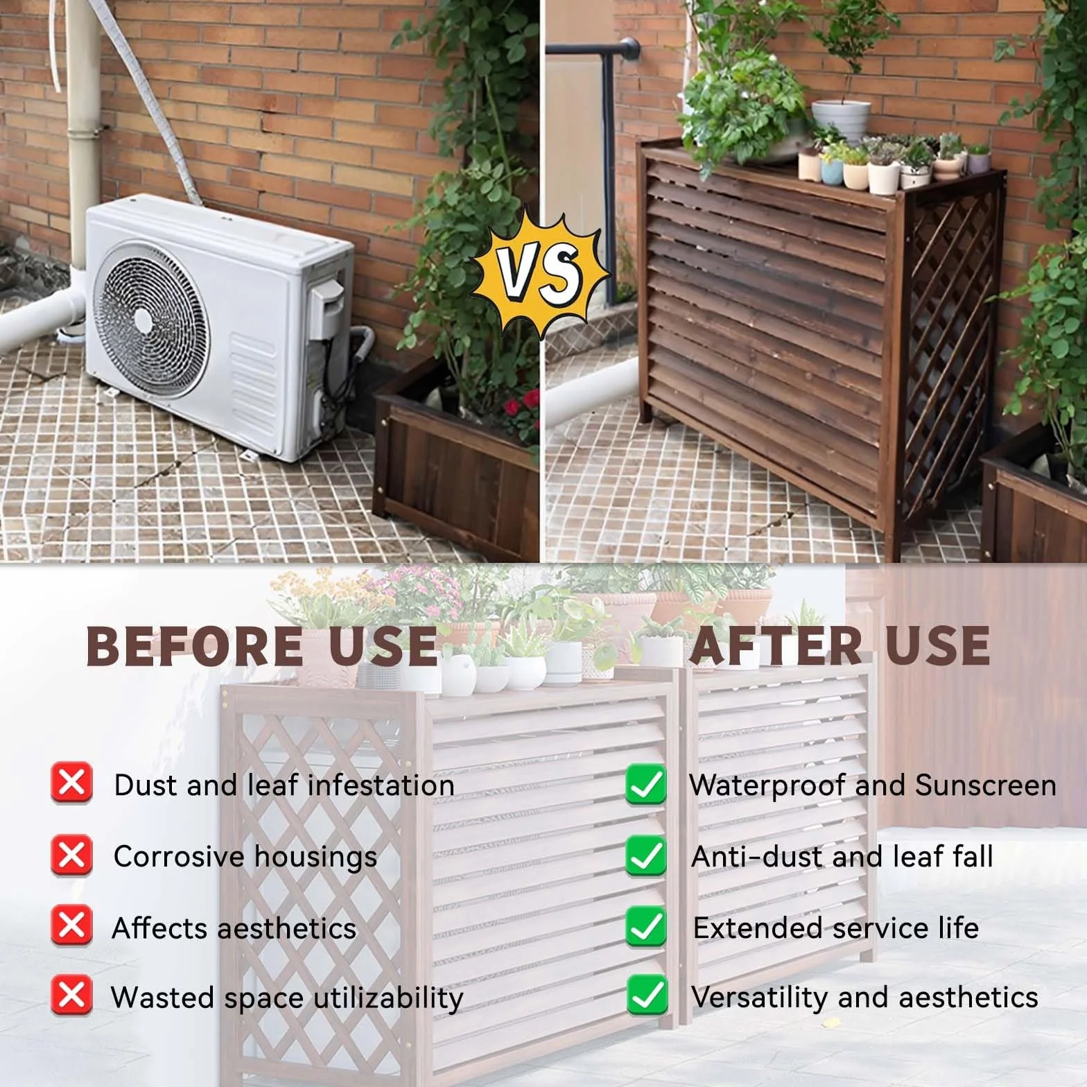 Cache Climatiseur Exterieur Bois 110x50x85cm Protection Pompe à Chaleur Balcon