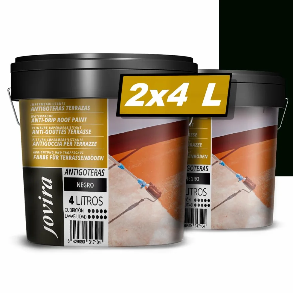 JOVIRA PINTURAS Peinture anti-infiltration pour la réparation et l'imperméabilisation des toits et des terrasses. Peinture élastique imperméable, anti-fuites et anti-fissure. (2x4 Litres, Noir)
