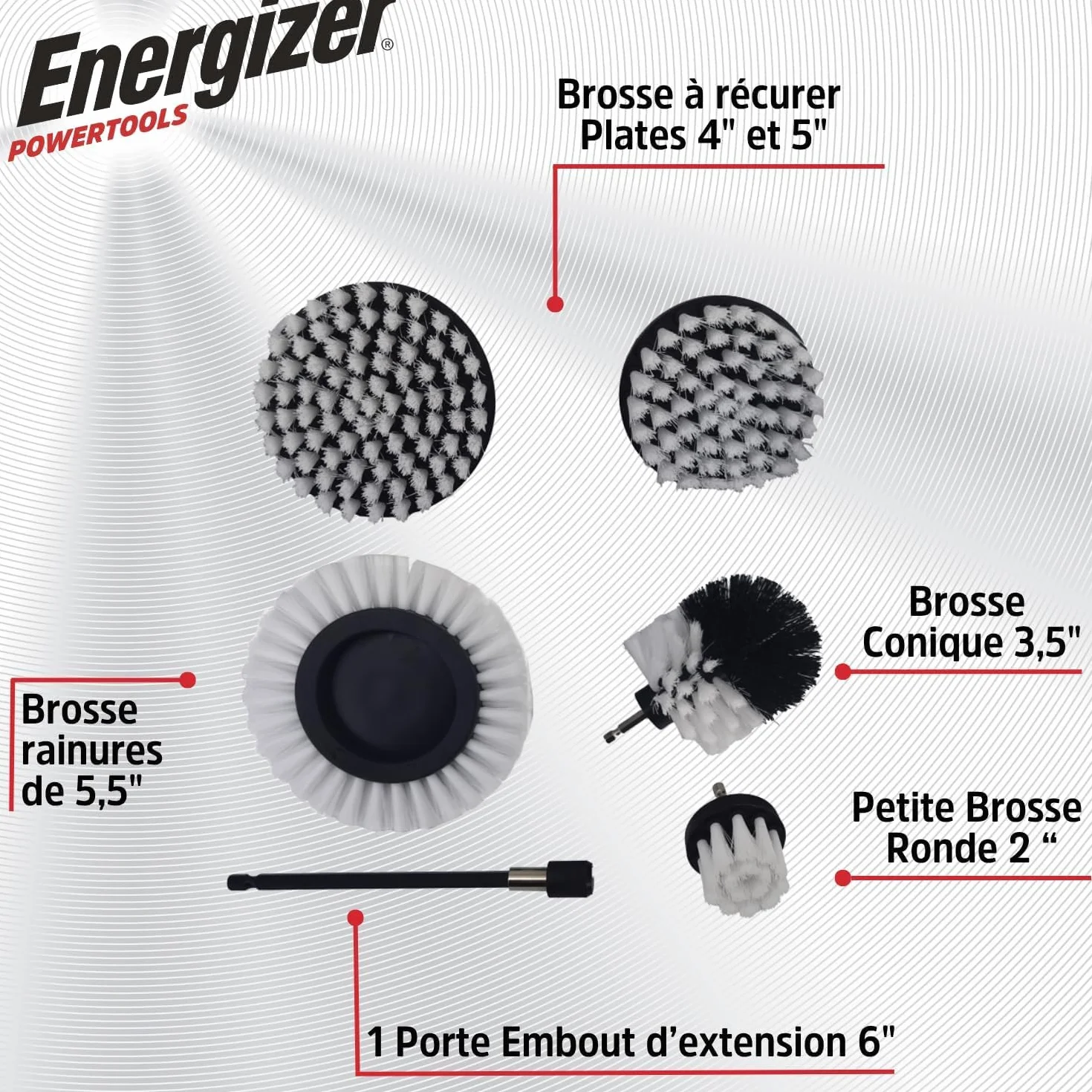 Energizer - Set Brosse Nettoyage Perceuse 6PCS Brosse Perceuse Voiture, Nettoyage, Jantes, Carrelage Tapis, Baignoire, Cuisine, Toilettes, Sol - Rallonge Pratique Incluse