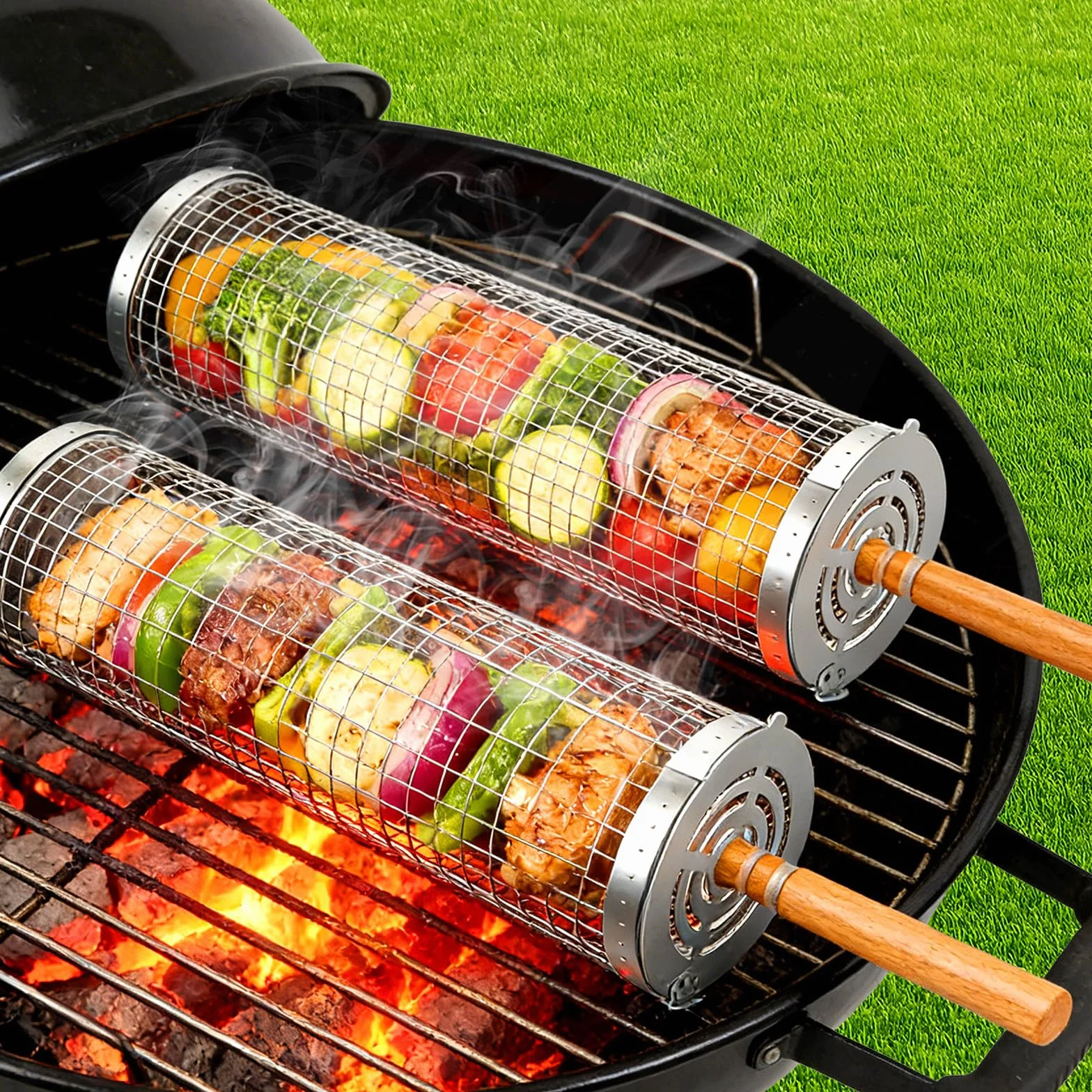 Set de Panier de Barbecue en Acier Inoxydable avec Poignée en Bois 2 Paniers Tournants Pliables 31x10cm 30x9cm
