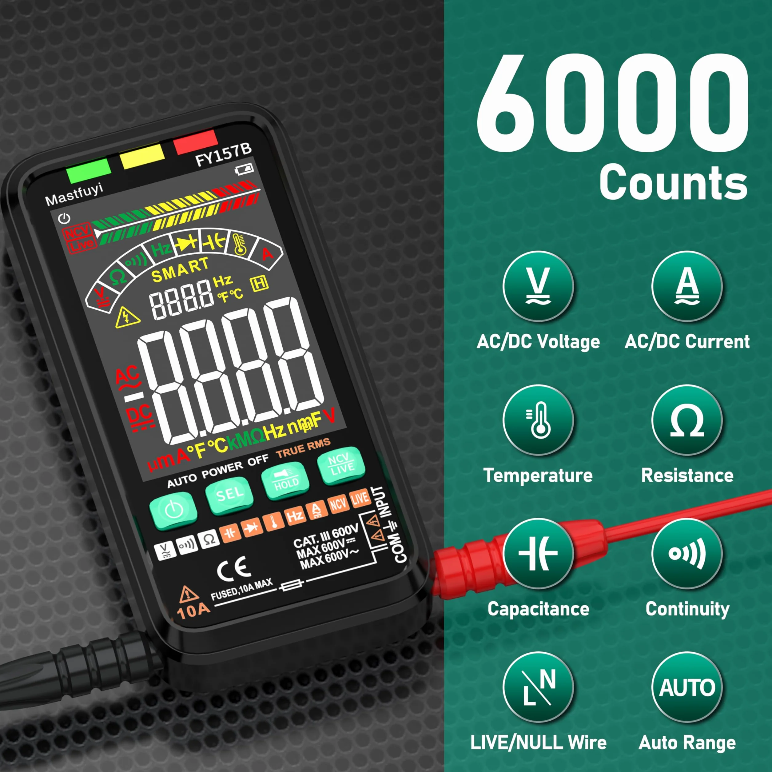 Multimetre Numérique, Testeur Électrique Rechargeable, Testeur Multiple Intelligent NCV, TRMS 6000, Protection Contre les Surcharges, Gamme Automatique, Capacité, Continuité, Fréquence, Résistance
