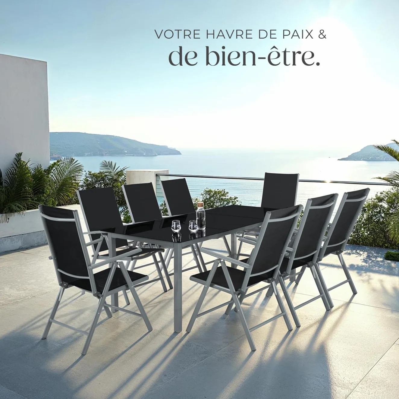 Tectake Salon de Jardin Extérieur en Aluminium 8 Fauteuils Inclinables Pliables 1 Table Mobilier Balcon Terrasse