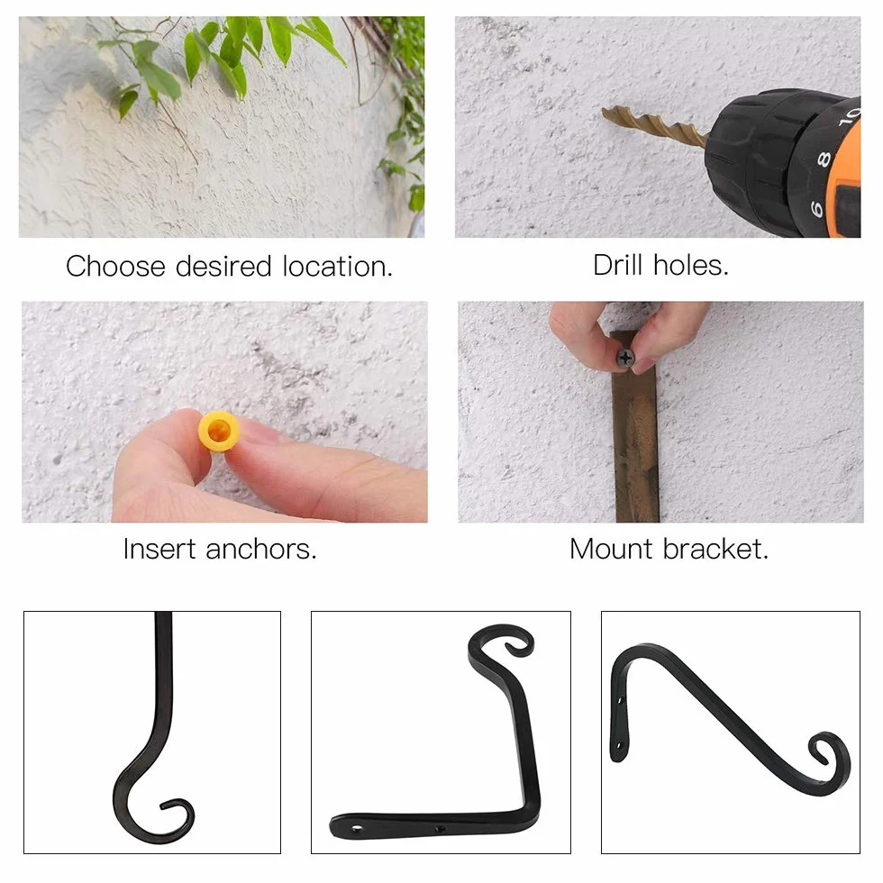 Crochets de suspension muraux noirs en fer forgé, paquet de 2, supports pour panier suspendu