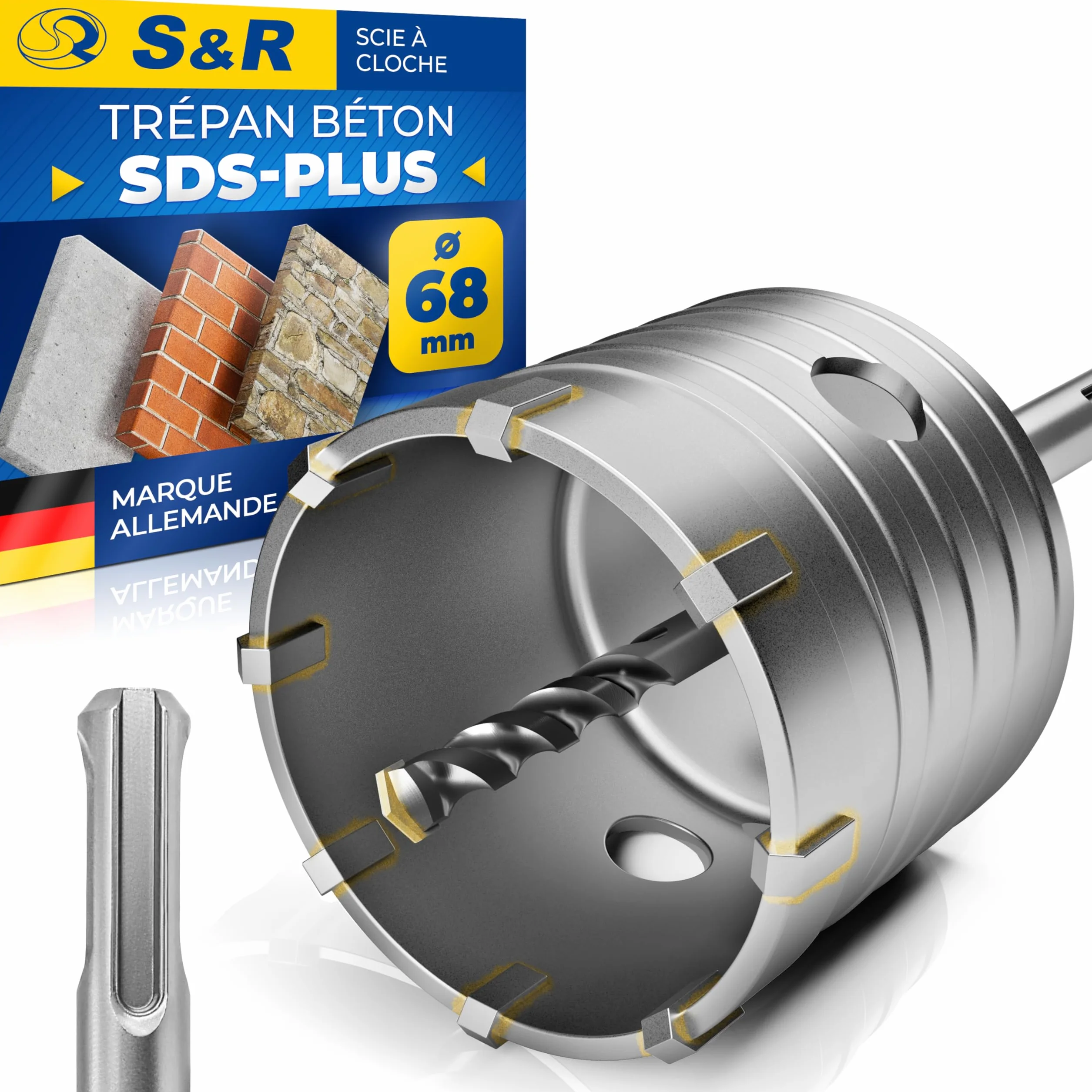S&R Scie Cloche Trépan Béton 68 mm SDS Plus Couronne Carotteuse Foret à Beton Marbre Brique Pierre Maçonnerie Adaptateur et foret de centrage 8x110 mm