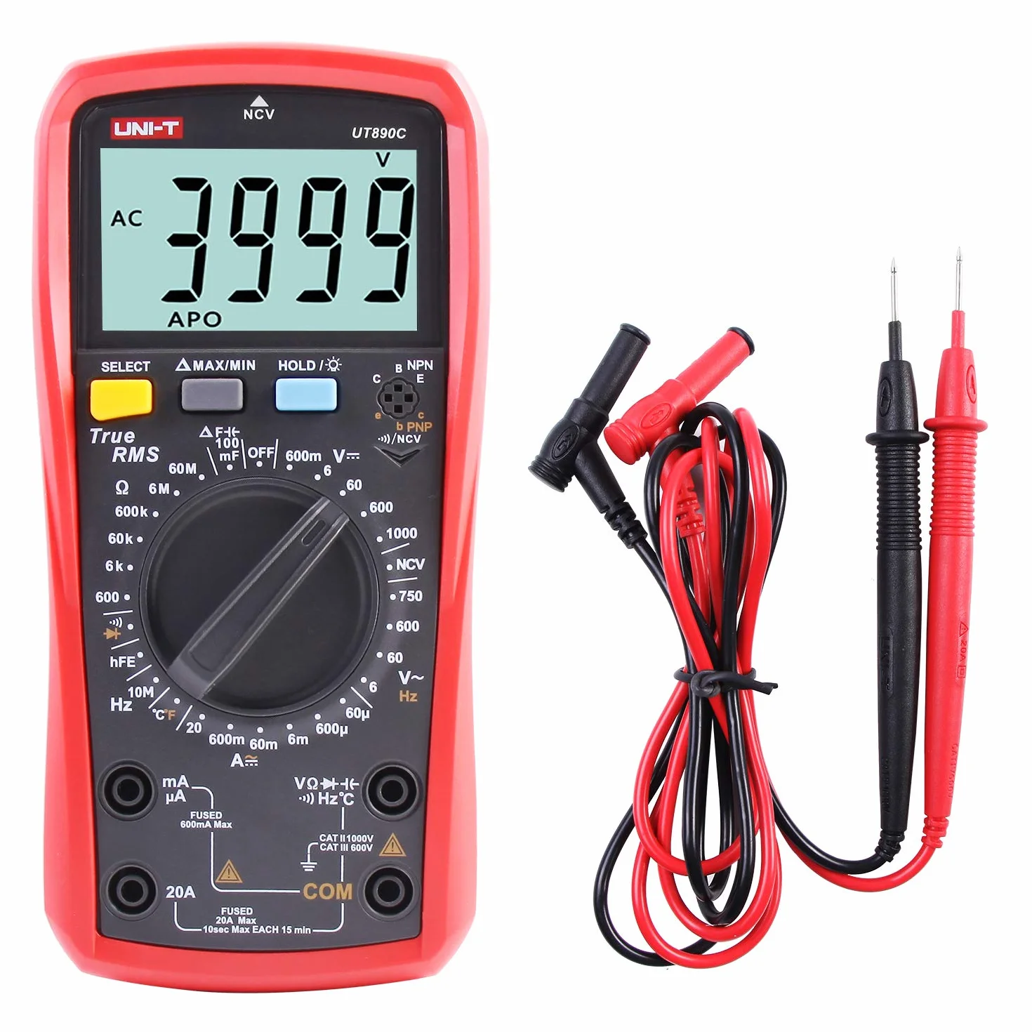 Multimètre, UT890C Multimètre Numérique True RMS 6000 Compte Ampèremètre Voltmètre Tension AC/DC Résistance Courant Capacité Fréquence Testeur mètre de température de Mesure avec Sonde LCD