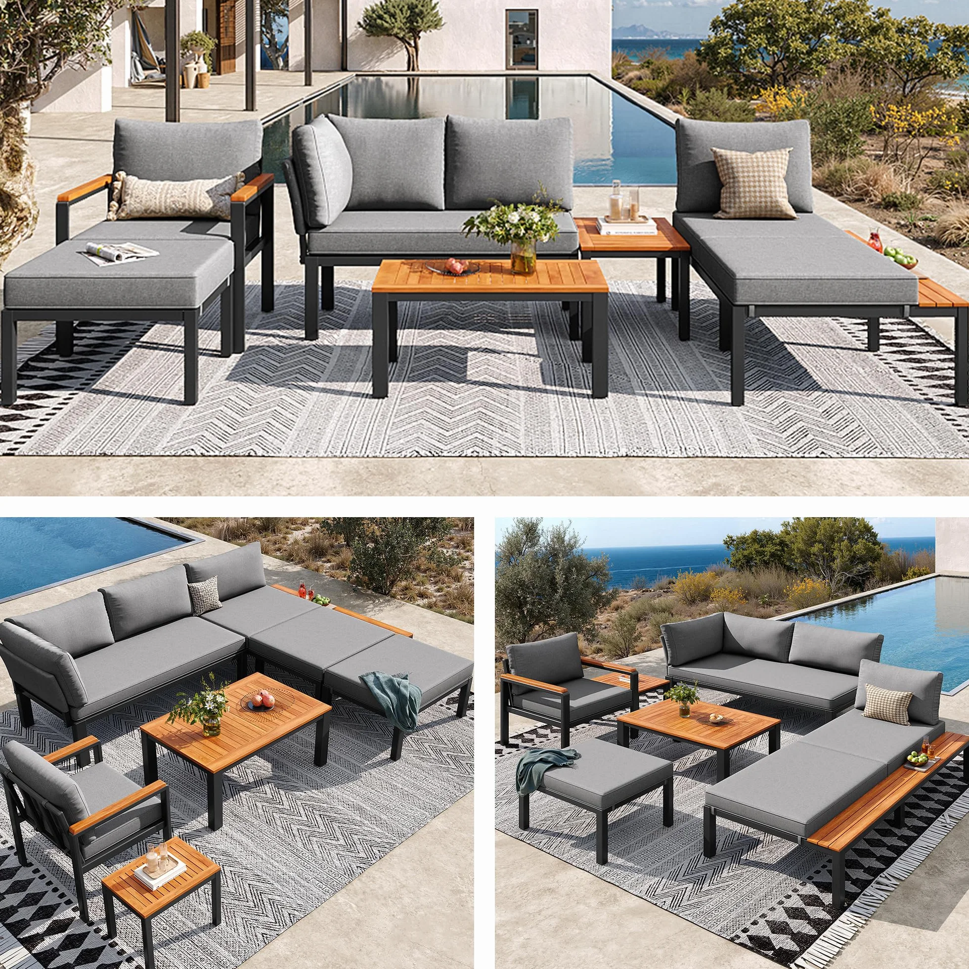 Ensemble de Meubles de Jardin pour 8 Personnes, Table en Bois, Canapé d'Extérieur Gris