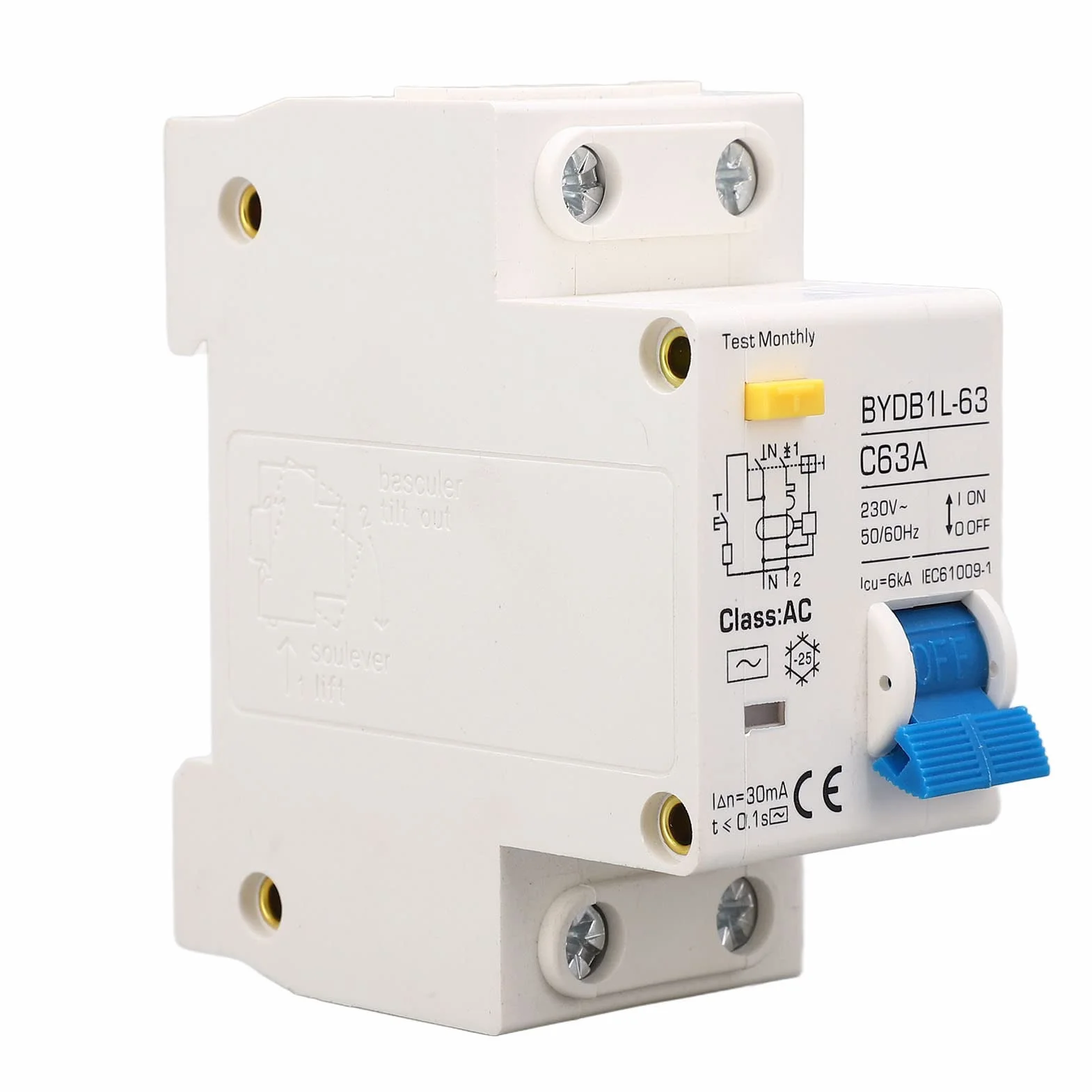 Disjoncteur Miniature 230V, AC Type 30mA C63A 1P N Disjoncteur à Courant Résiduel, Protecteur de Fuite Protection Contre les Surcharges Commutateur D'air pour Lignes de Distribution D'éclairage