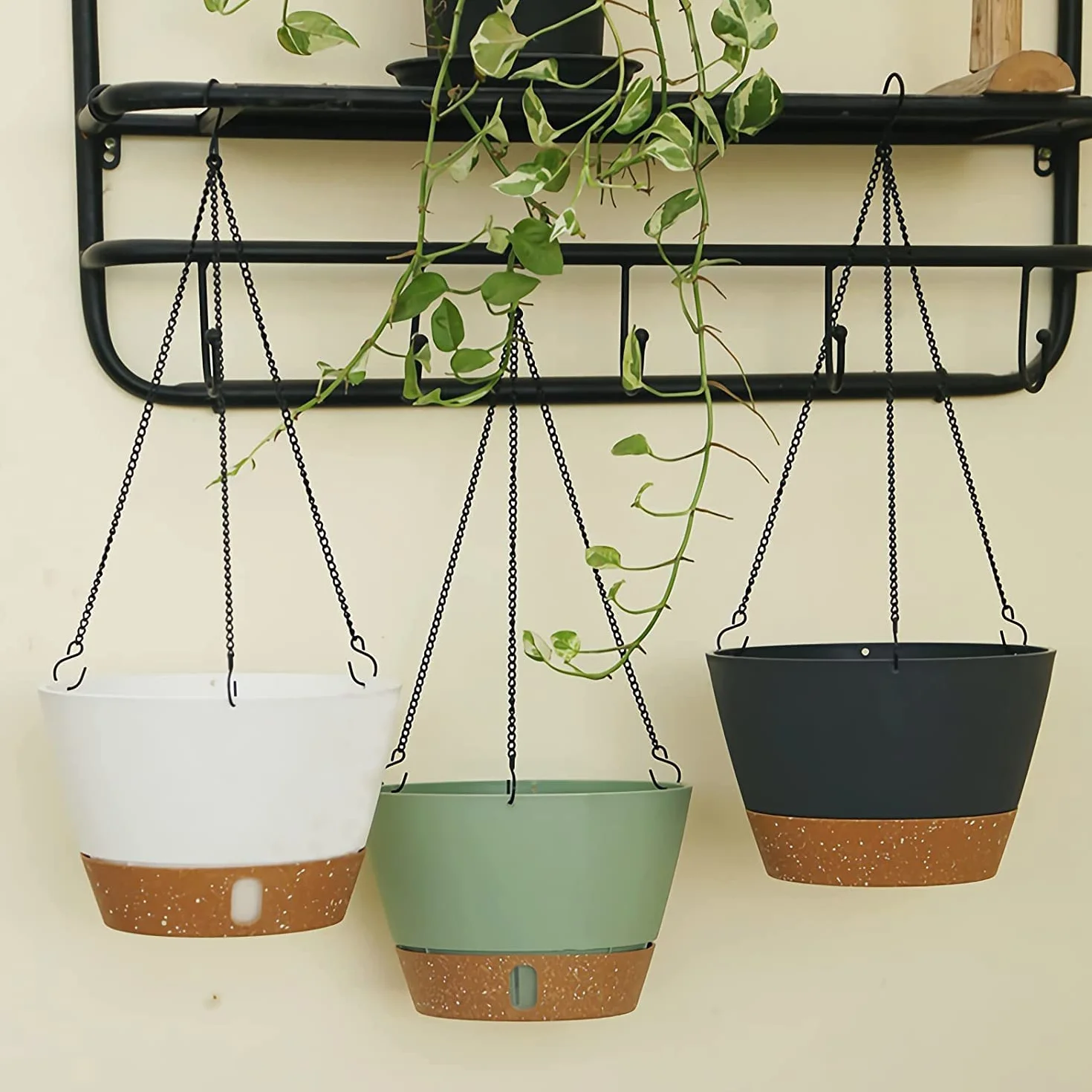 ZMTECH Pot de Fleurs Suspendu 20 cm avec Plateau à Niveau d'Eau Visible, Drainage, Soucoupe, Vert, Lot de 2
