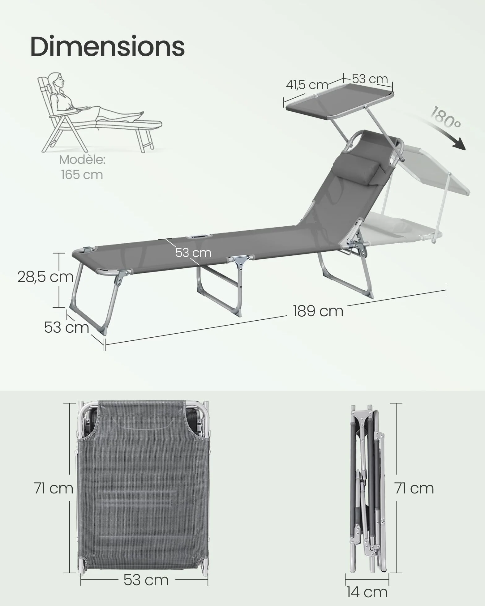SONGMICS Lot de 2 Chaises Longues Pliantes 189 x 53 x 28,5 cm Transats Jardin Dossier Réglable Gris