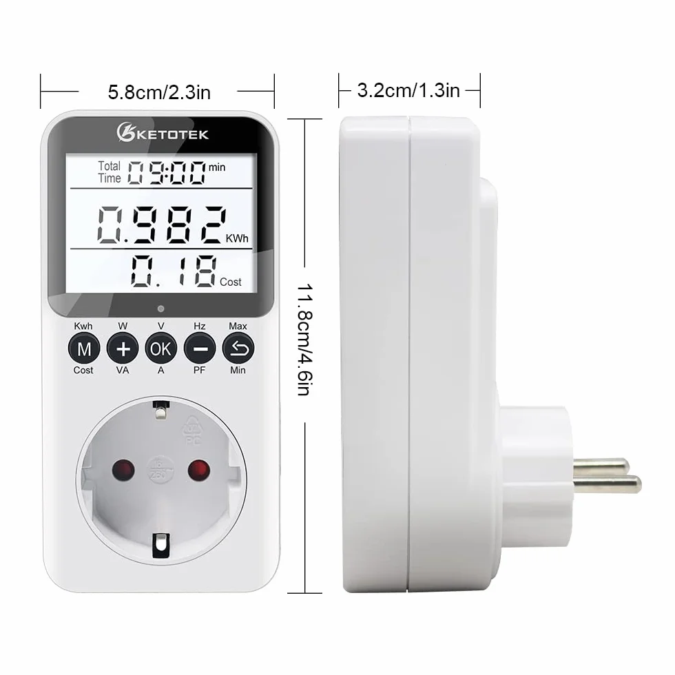 KETOTEK Wattmetre Prise, Compteurs D'énergie, Mesure Consommation Electrique, Compteur Electrique avec Écran LCD Rétroéclairé Surcharges de Protection 3680W