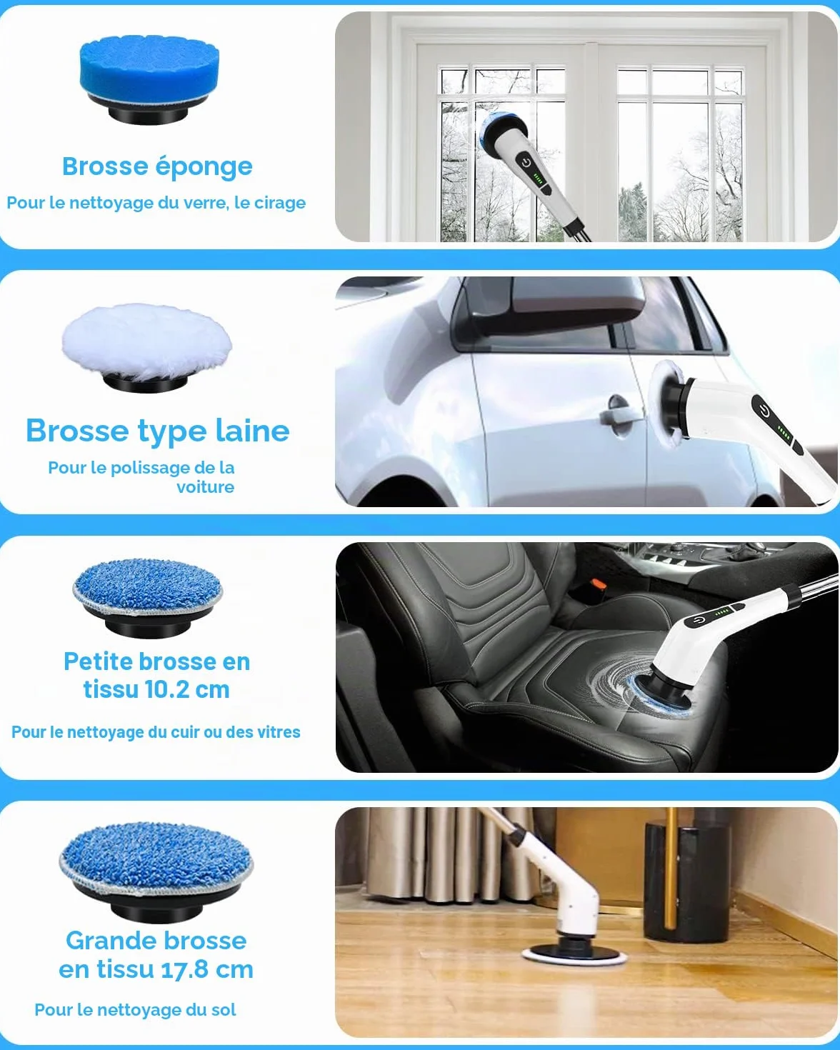 Brosse Electrique Nettoyage Rotative, Brosse de Nettoyage sans Fil avec 8 Têtes de Brosse Remplaçables, Electric Spin Scrubber avec Poignée Réglable de 137cm pour Salle de Bain Cuisine Voiture