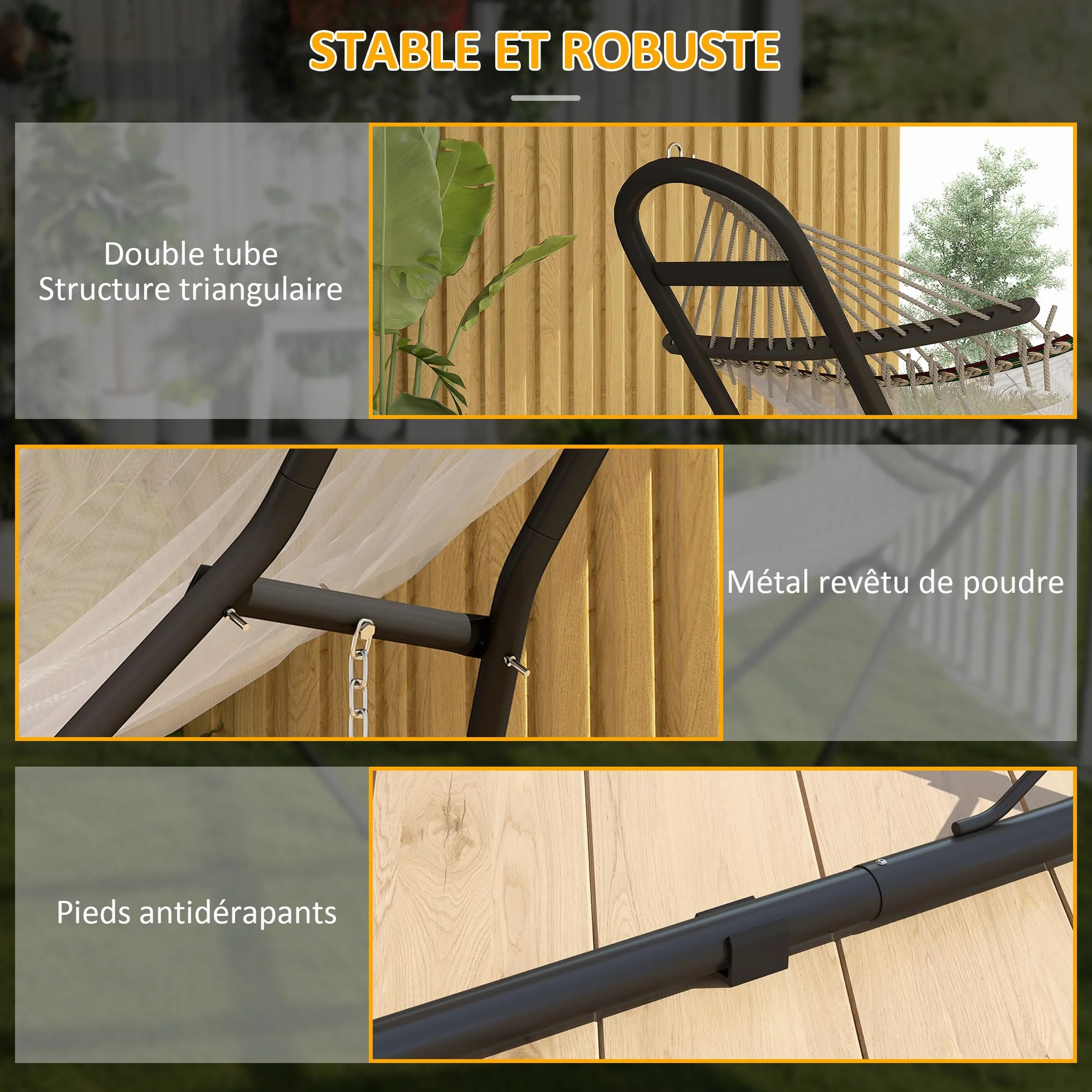 Outsunny Support de Hamac pour 2-3 Personnes, Cadre en Acier Portable et Réglable, Résistant aux Intempéries, Capacité 150 kg, Noir