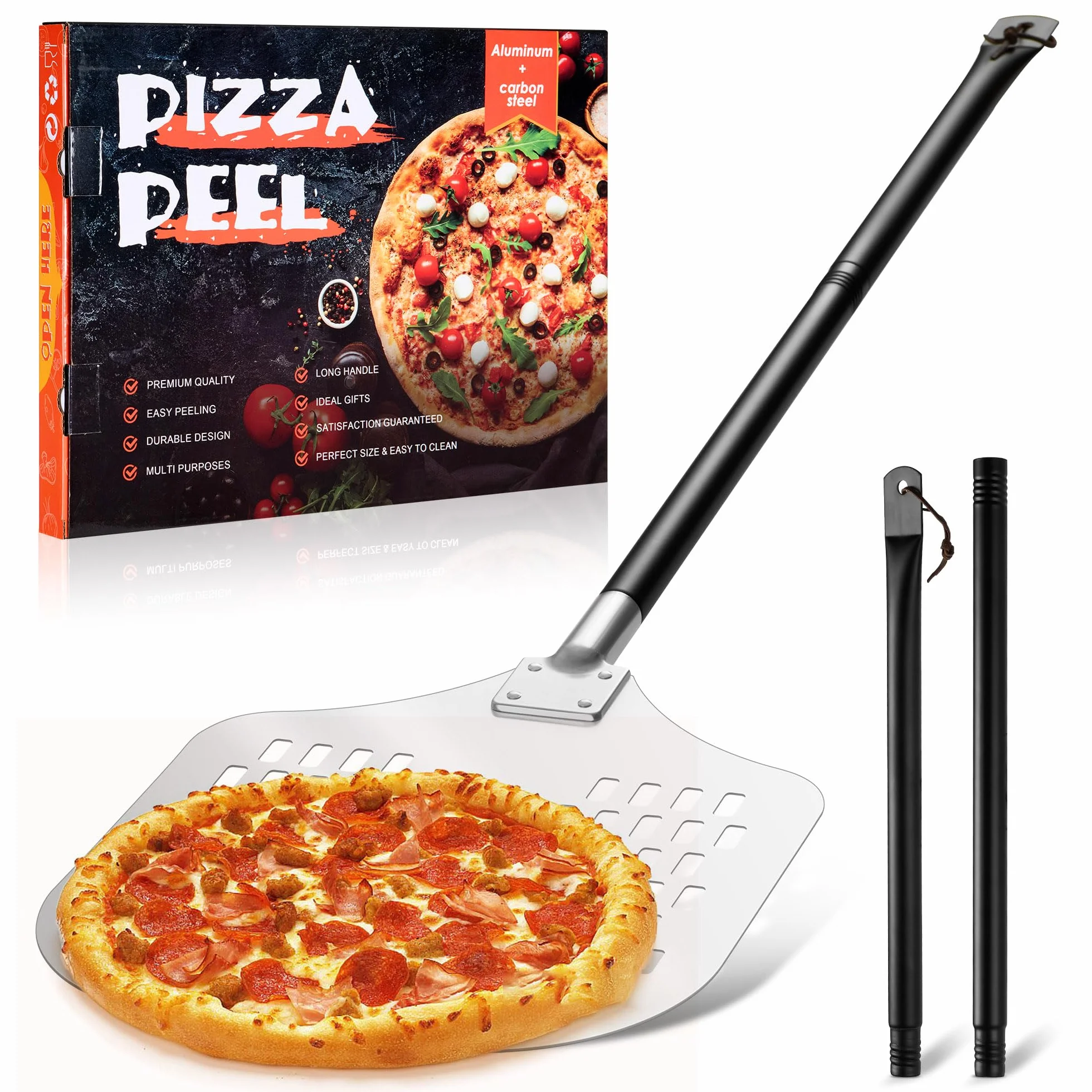 TEAMFAR Pelle à pizza, 30,5 x 42 x 124 cm, perforée, en aluminium anodisé dur, pour glisser facilement sur la pierre à pizza, rectangulaire, grande surface et poignée amovible pour barbecue, four à