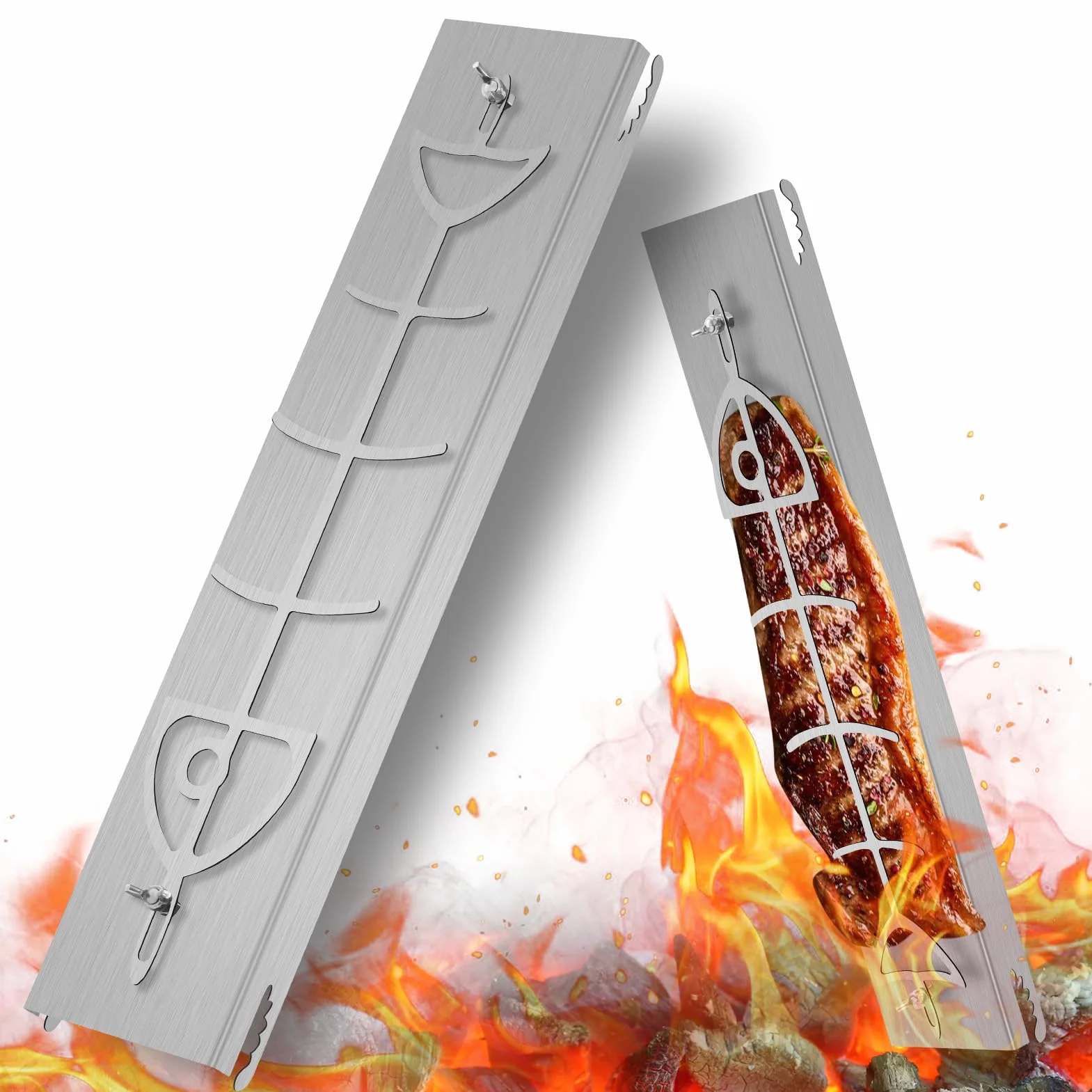 Planche à saumon flambée en acier inoxydable pour brasero et barbecue sphérique, réversible 180°, 5 positions