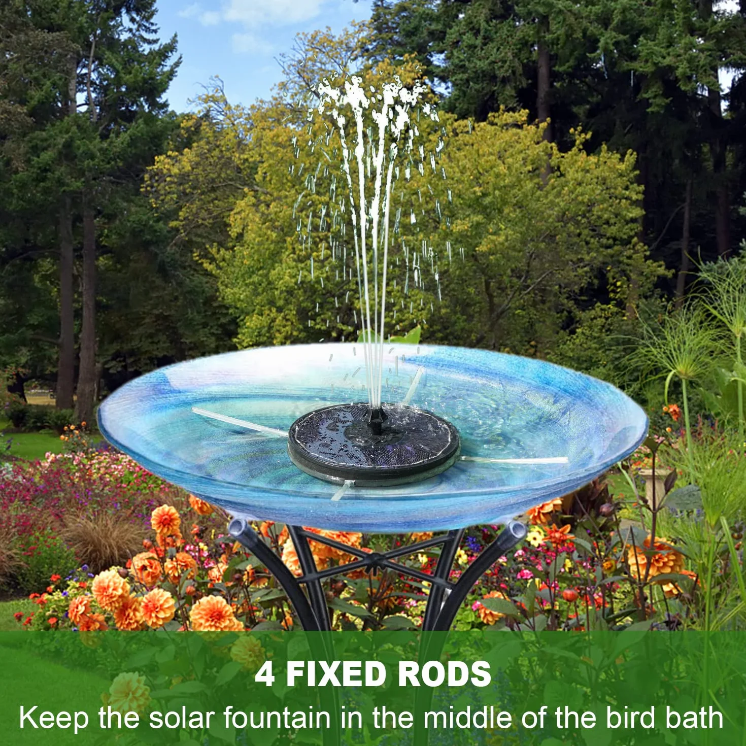 Fontaine Solaire 3.5W avec Batterie 2000mAh, Pompe Bassin Solaire Flottant Extérieur avec 8 Buses & 4 Tiges Fixes pour Jardin