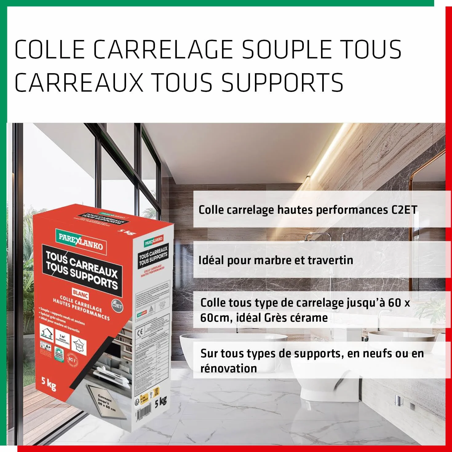 Parexlanko - Colle carrelage - Tous Carreaux Tous Supports - Blanc - Neuf et rénovation - Spécial grès cérame - Adhérence haute performance - 5kg