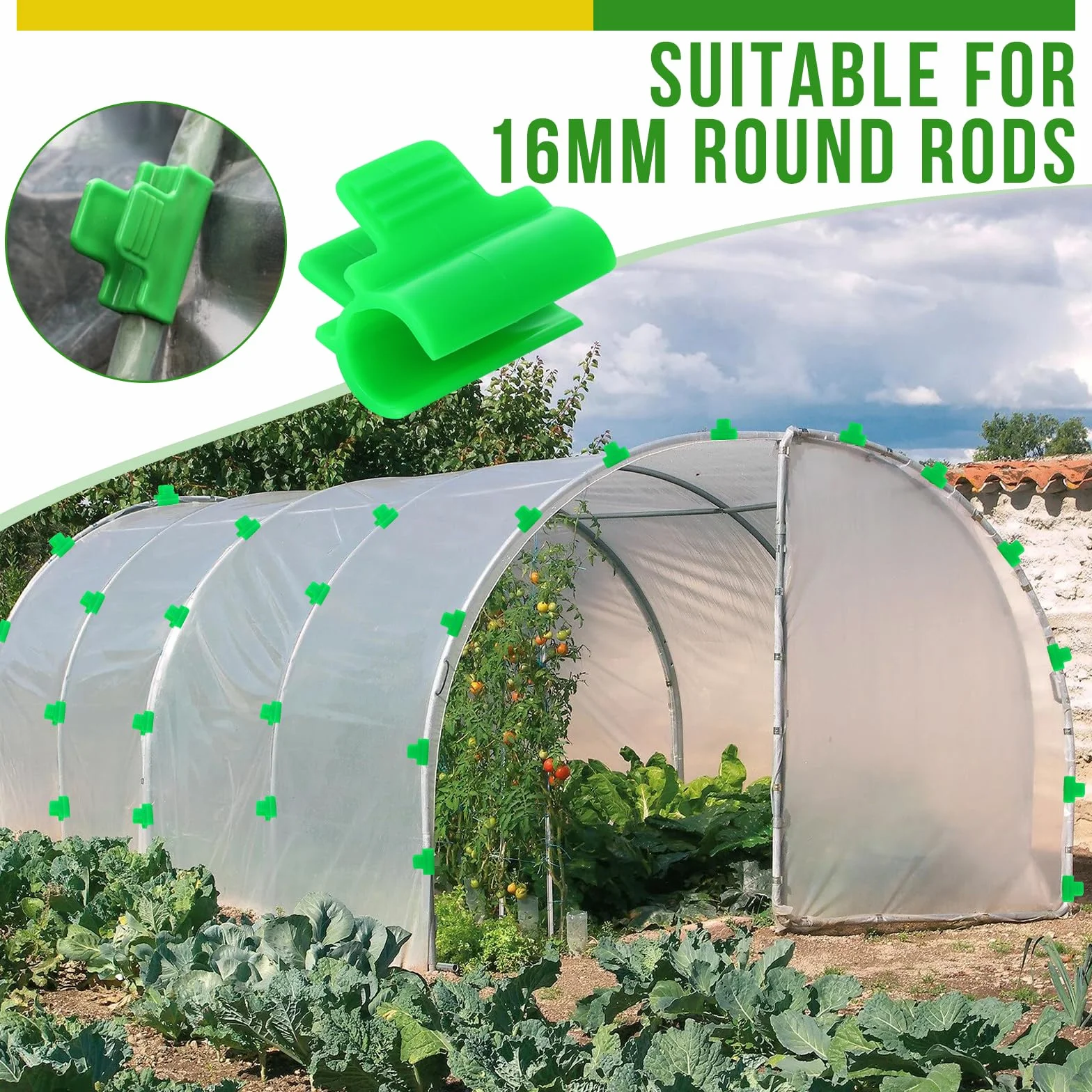 Pinces de Serre Jardin 16mm Antidérapant Vert Plastique 50 Pièces Clips pour Serre Tunnel Filet Oiseaux