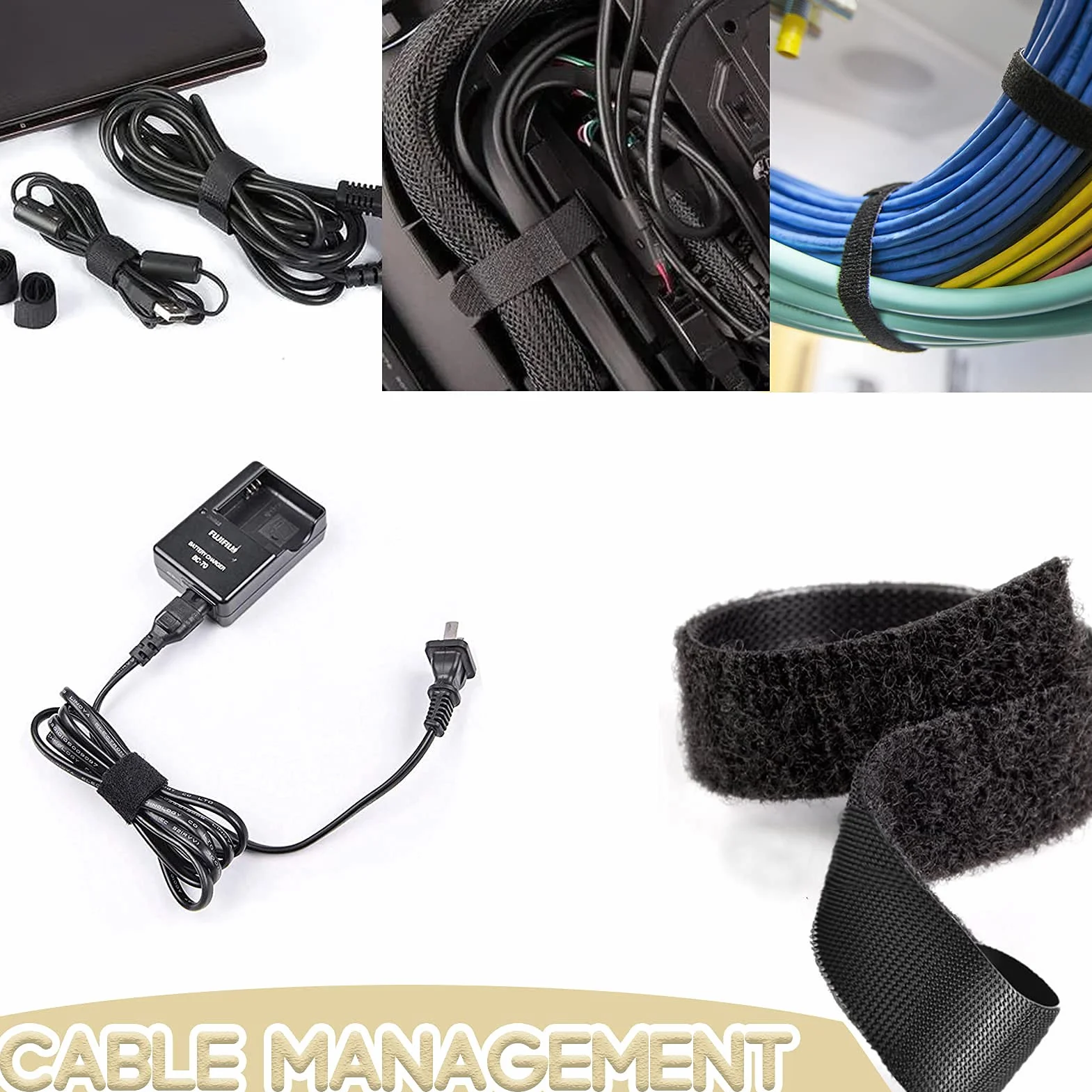 TEUVO Attache Câble Scratch, 50mm X 5M Non Adhésif Serre Câble Bande pour Cable Gestion, DIY Artisanat et Fixation des Rideaux, Réutilisables Cable Management Scratch Rouleau pour Accueil et Bureau
