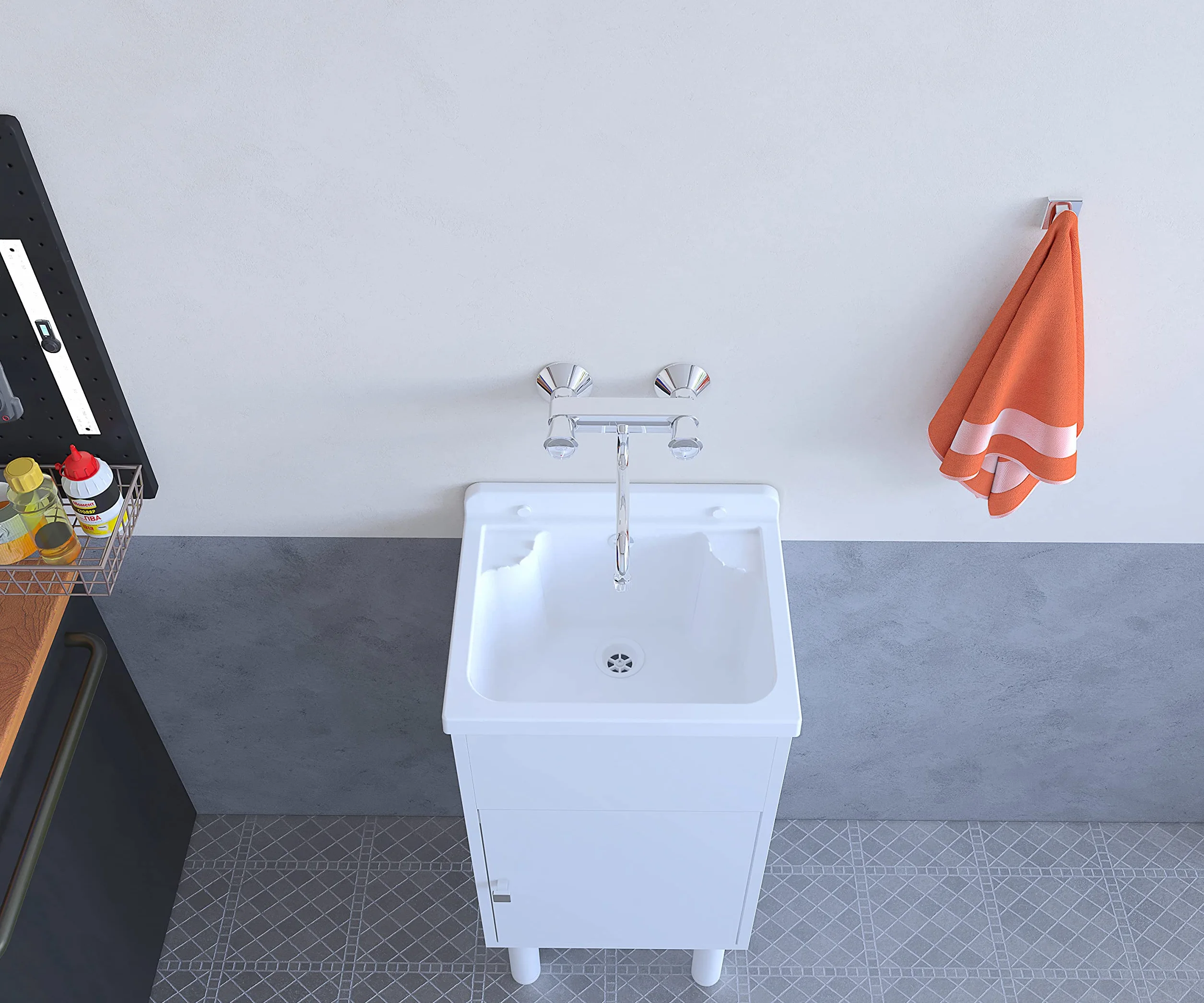 Mini lavabo en résine PVC avec meuble de rangement L 42 x P 34 x H 80 cm Blanc