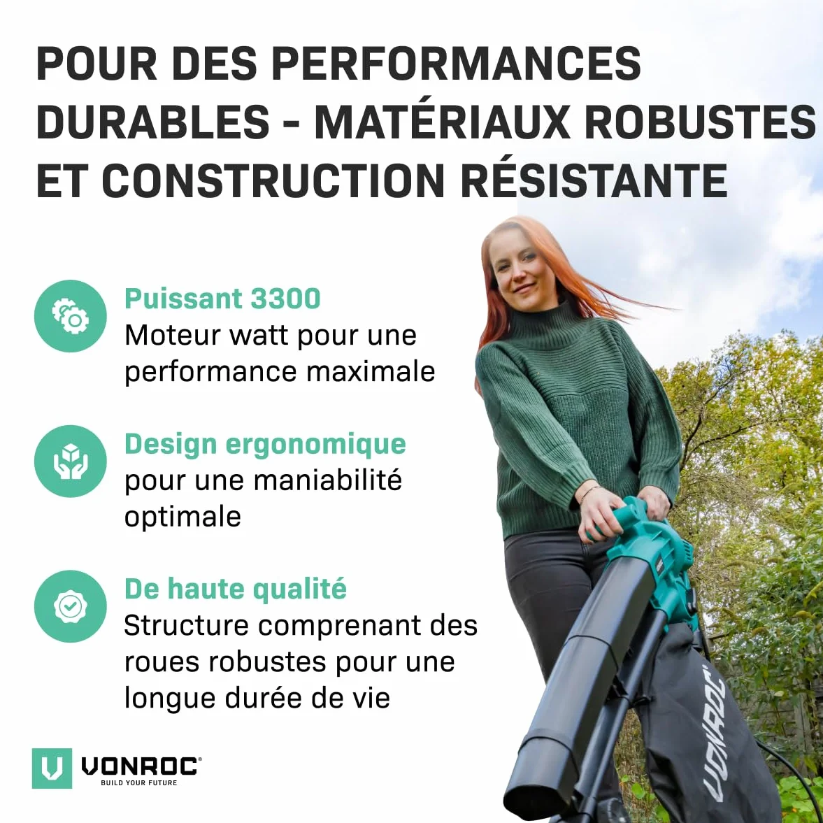 VONROC Souffleur de Feuilles 3-en-1 3300W Aspirateur Souffleur 270km/h 40L