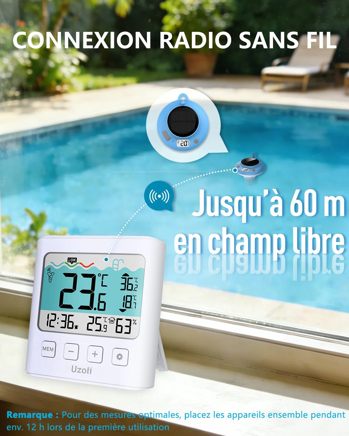 Thermomètre piscine flottant IPX7 recharge USB solaire EM777UC sans fil jacuzzi