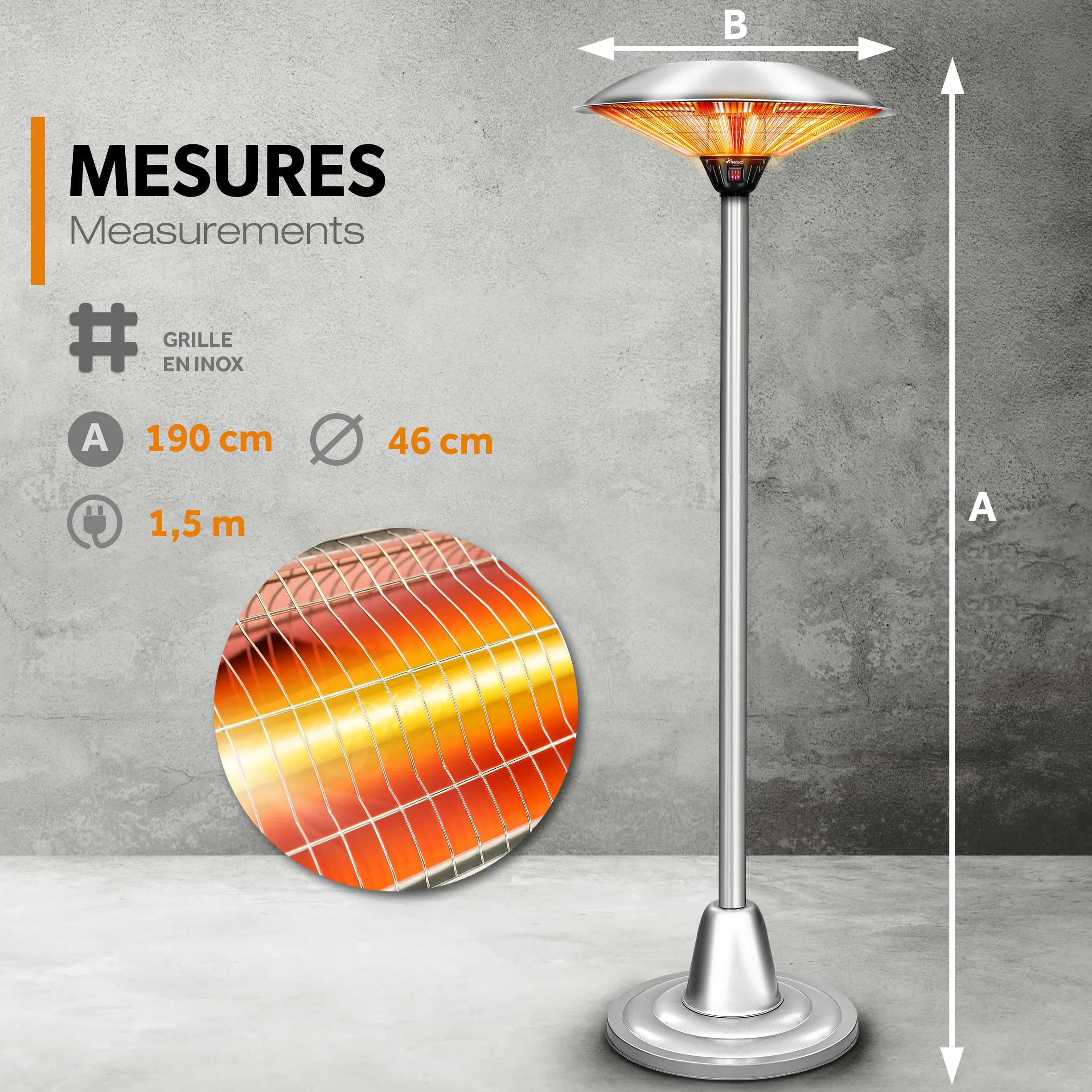 TRESKO Parasol chauffant 2500W Chauffage extérieur Infrarouge Radiateur Rayonnant Électrique de Terrasse 2 Niveaux de Chaleur